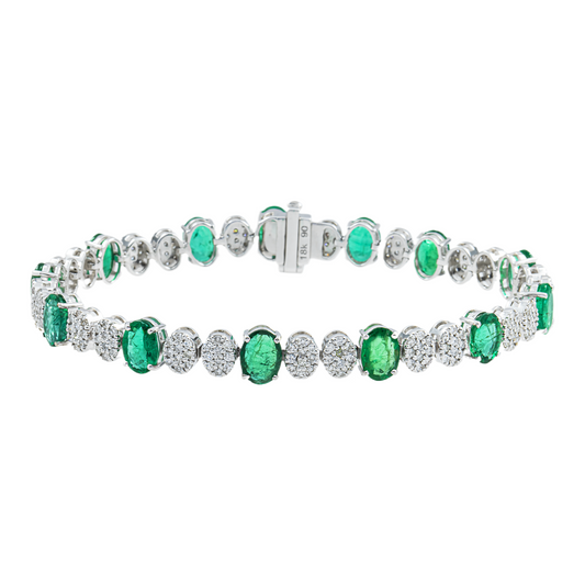 18K White Gold Oval Cut Emerald & Diamond Tennis Bracelet 10.68ct