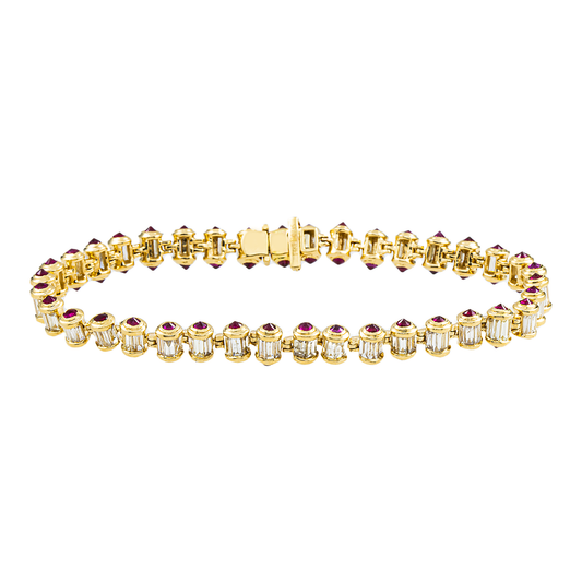 14K Yellow Gold Ruby & Baguette Cut Diamond Tennis Bracelet 7.71ct
