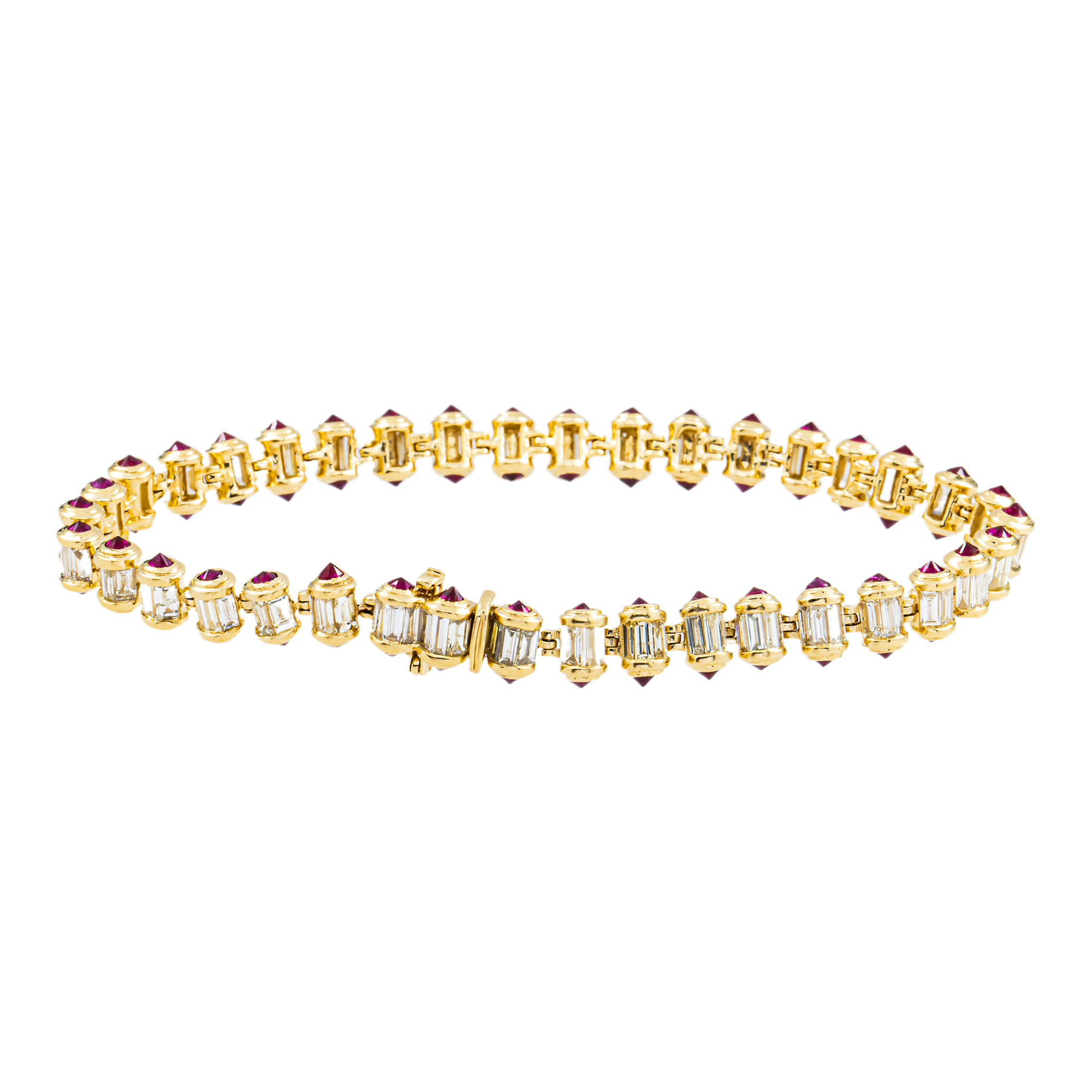 14K Yellow Gold Ruby & Baguette Cut Diamond Tennis Bracelet 7.71ct