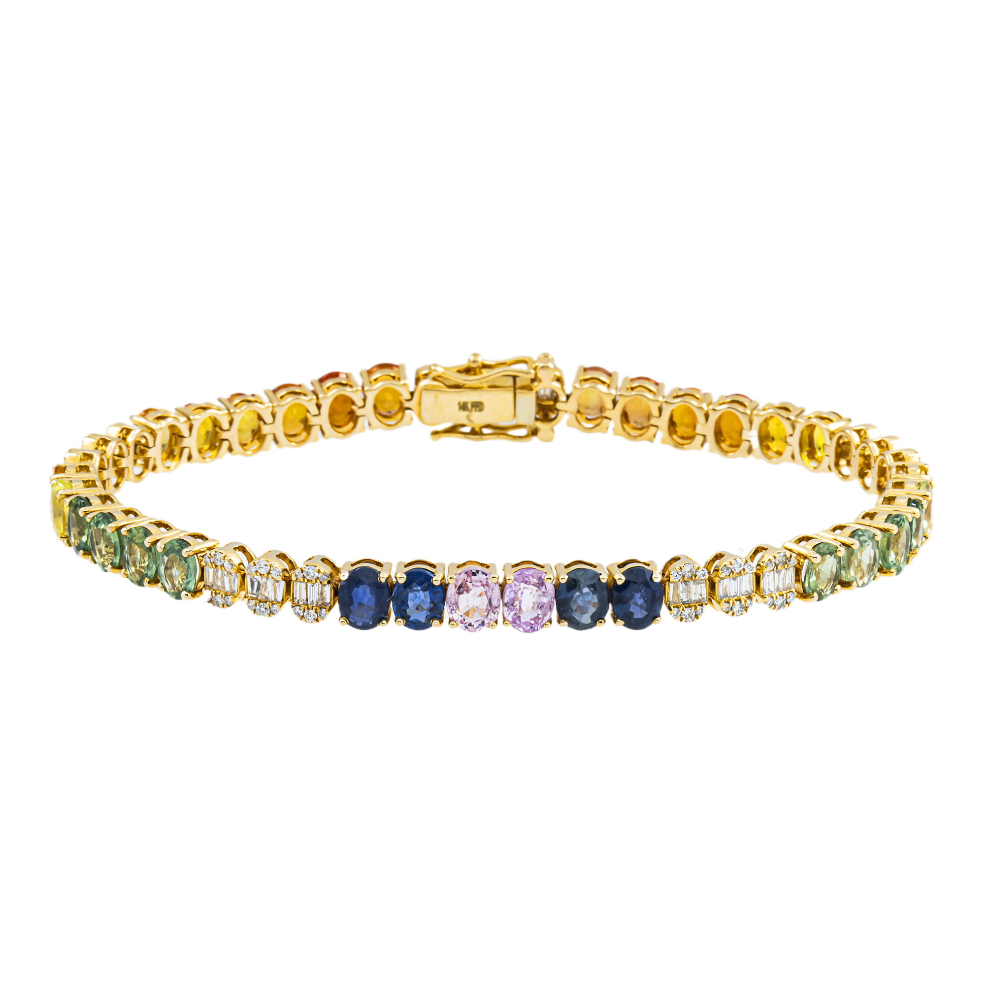 14K Yellow Gold Oval Cut Rainbow Gemstone & Diamond Bracelet 14.42ct