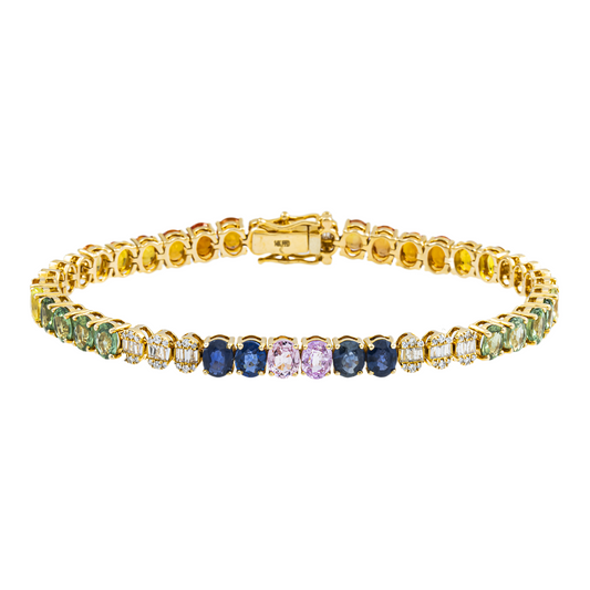 14K Yellow Gold Oval Cut Rainbow Gemstone & Diamond Bracelet 14.42ct