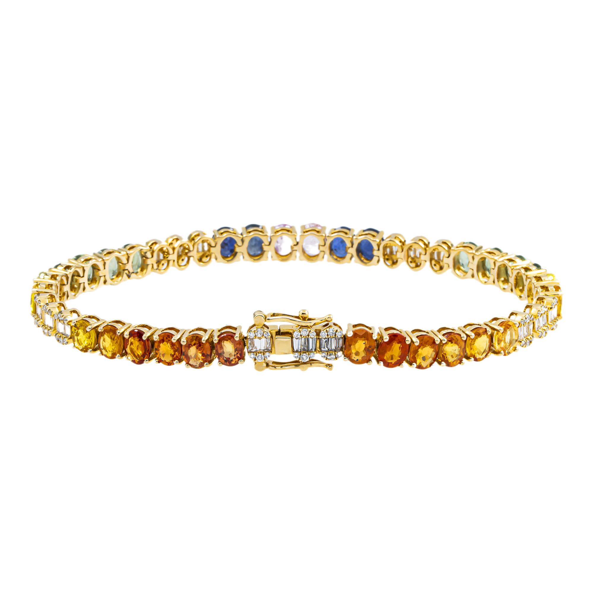 14K Yellow Gold Oval Cut Rainbow Gemstone & Diamond Bracelet 14.42ct