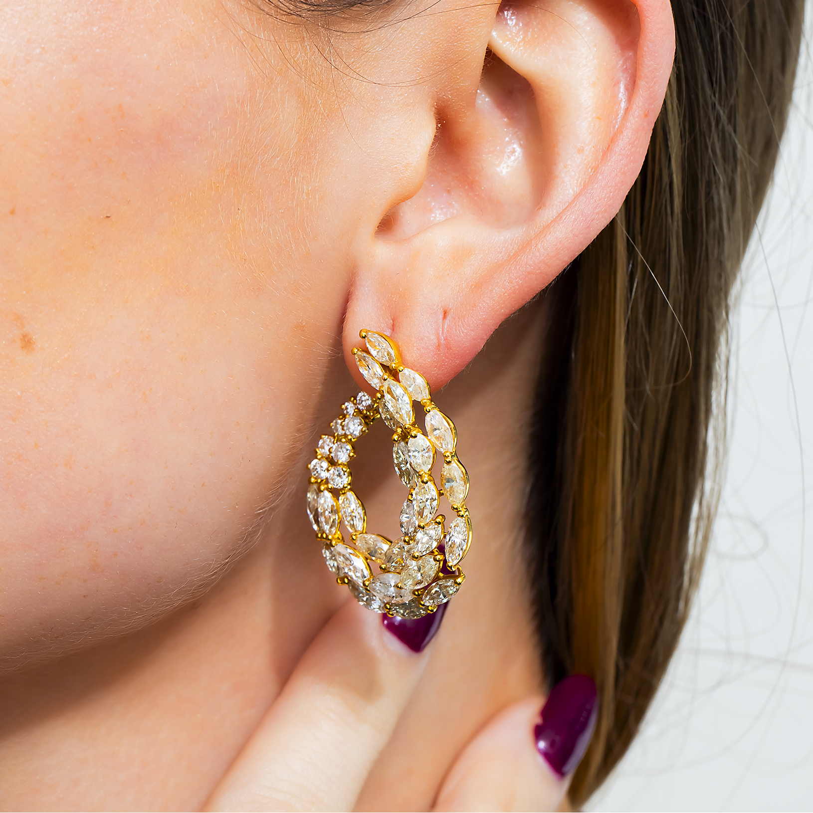 14K Yellow Gold Marquise & Round Diamond Open Hoop Earrings 11.66ctw