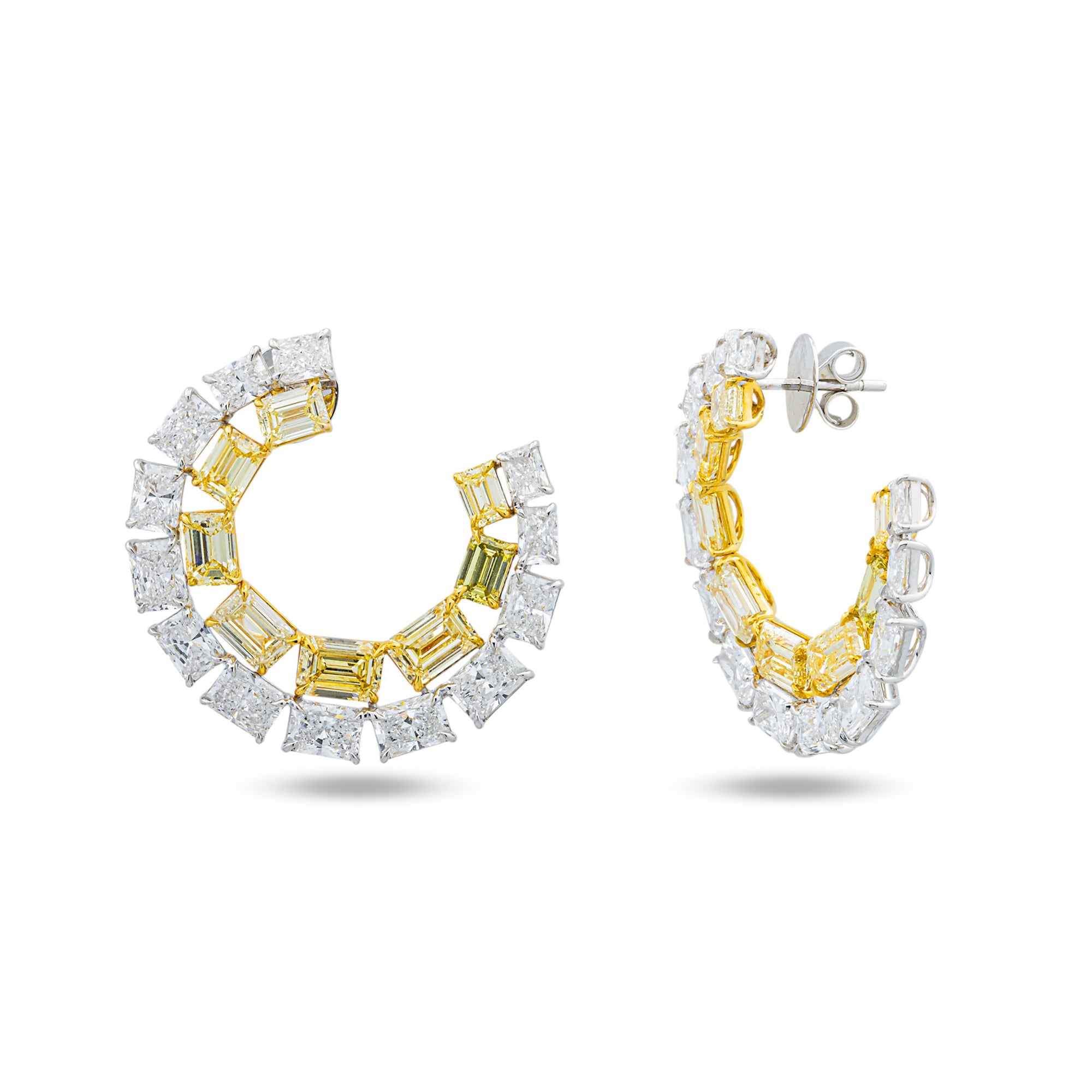 14K Two Tone Fancy Yellow Emerald & Radiant Diamond Open Hoop Earrings 14.43ctw