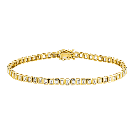 14K Yellow Gold Bezel Set Emerald Cut Diamond Tennis Bracelet 4.12ct