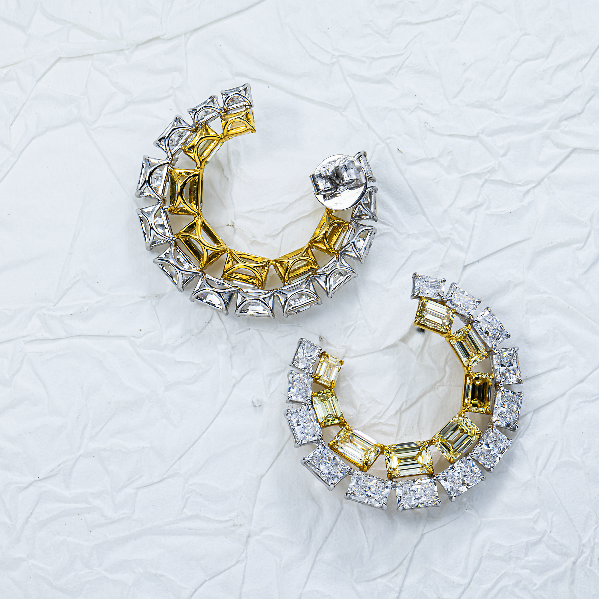 14K Two Tone Fancy Yellow Emerald & Radiant Diamond Open Hoop Earrings 14.43ctw