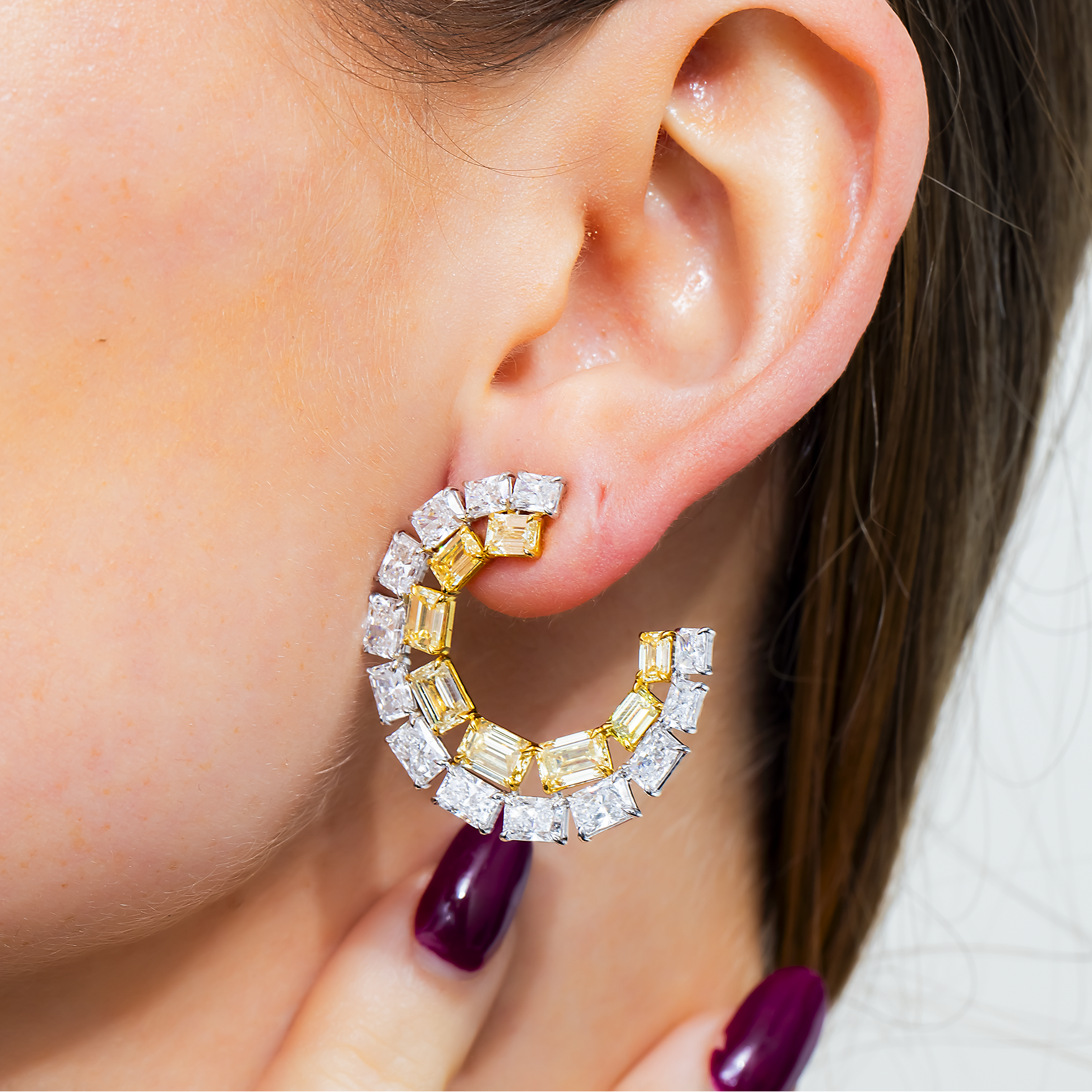 14K Two Tone Fancy Yellow Emerald & Radiant Diamond Open Hoop Earrings 14.43ctw