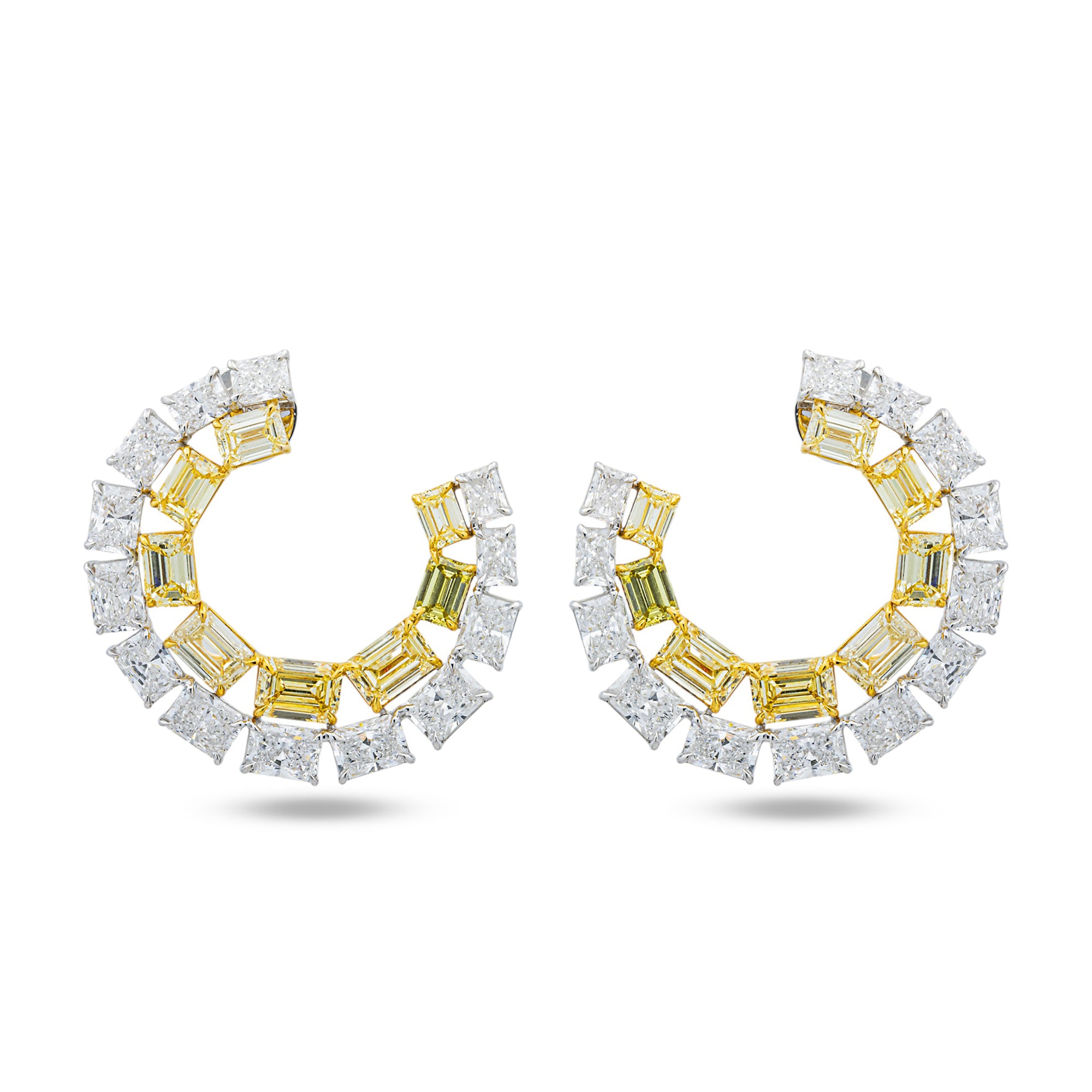 14K Two Tone Fancy Yellow Emerald & Radiant Diamond Open Hoop Earrings 14.43ctw