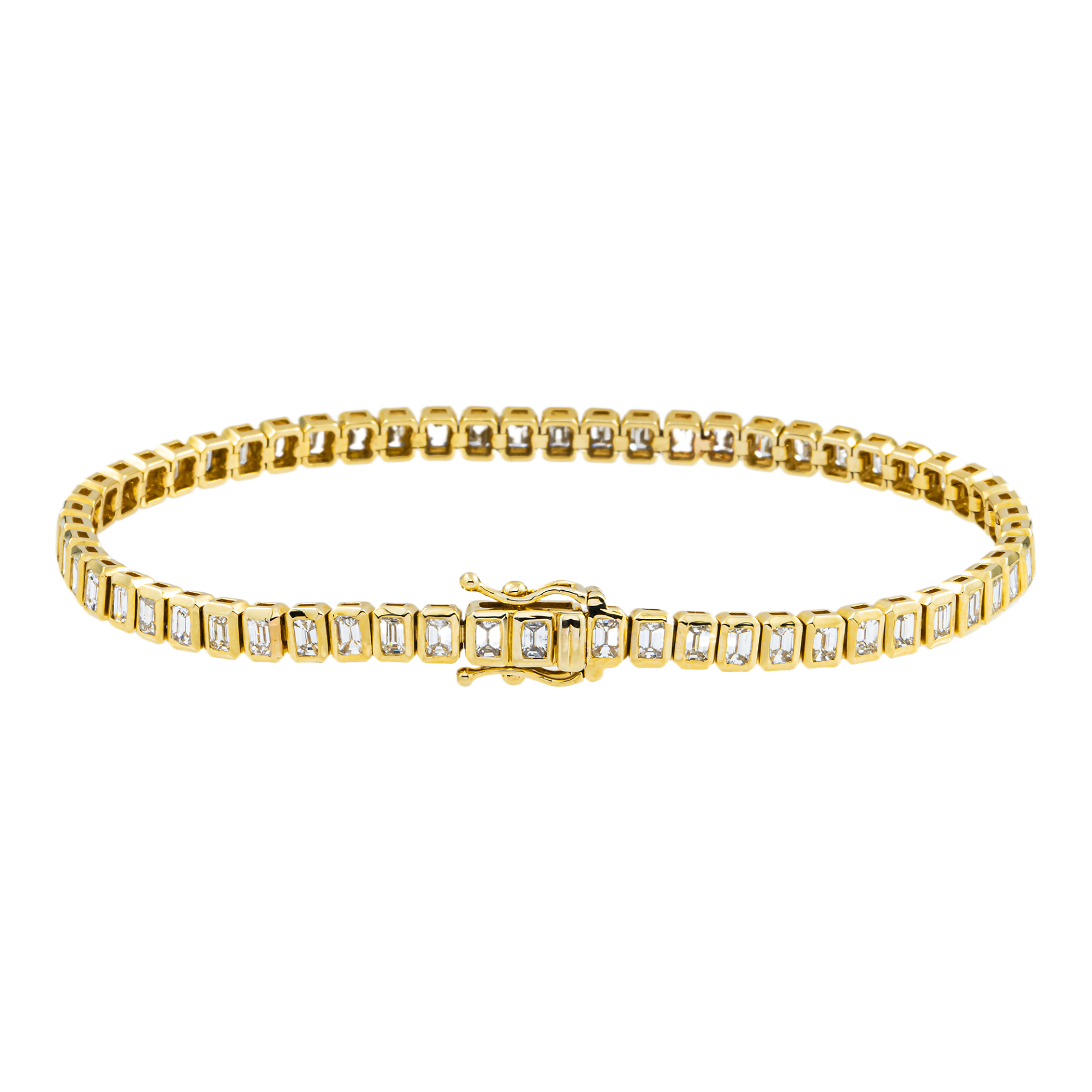 14K Yellow Gold Bezel Set Emerald Cut Diamond Tennis Bracelet 4.12ct