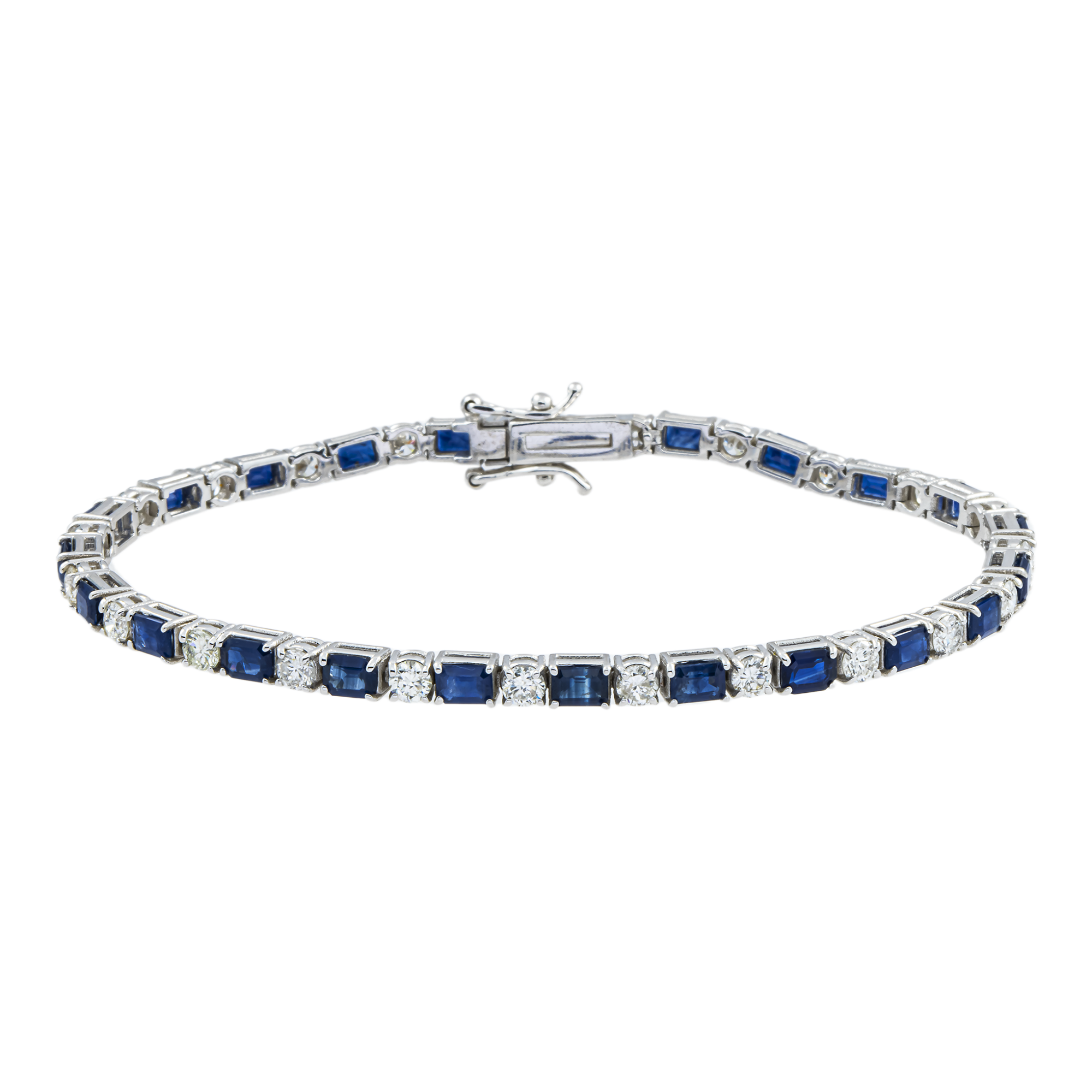 14K White Gold Emerald Cut Sapphire & Round Diamond Tennis Bracelet 6.49ct