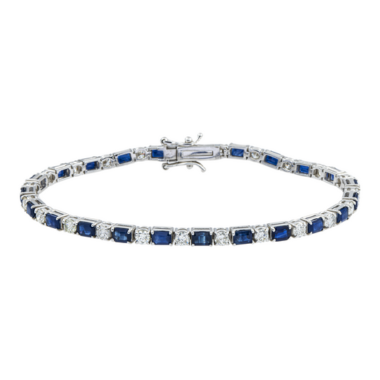 14K White Gold Emerald Cut Sapphire & Round Diamond Tennis Bracelet 6.49ct