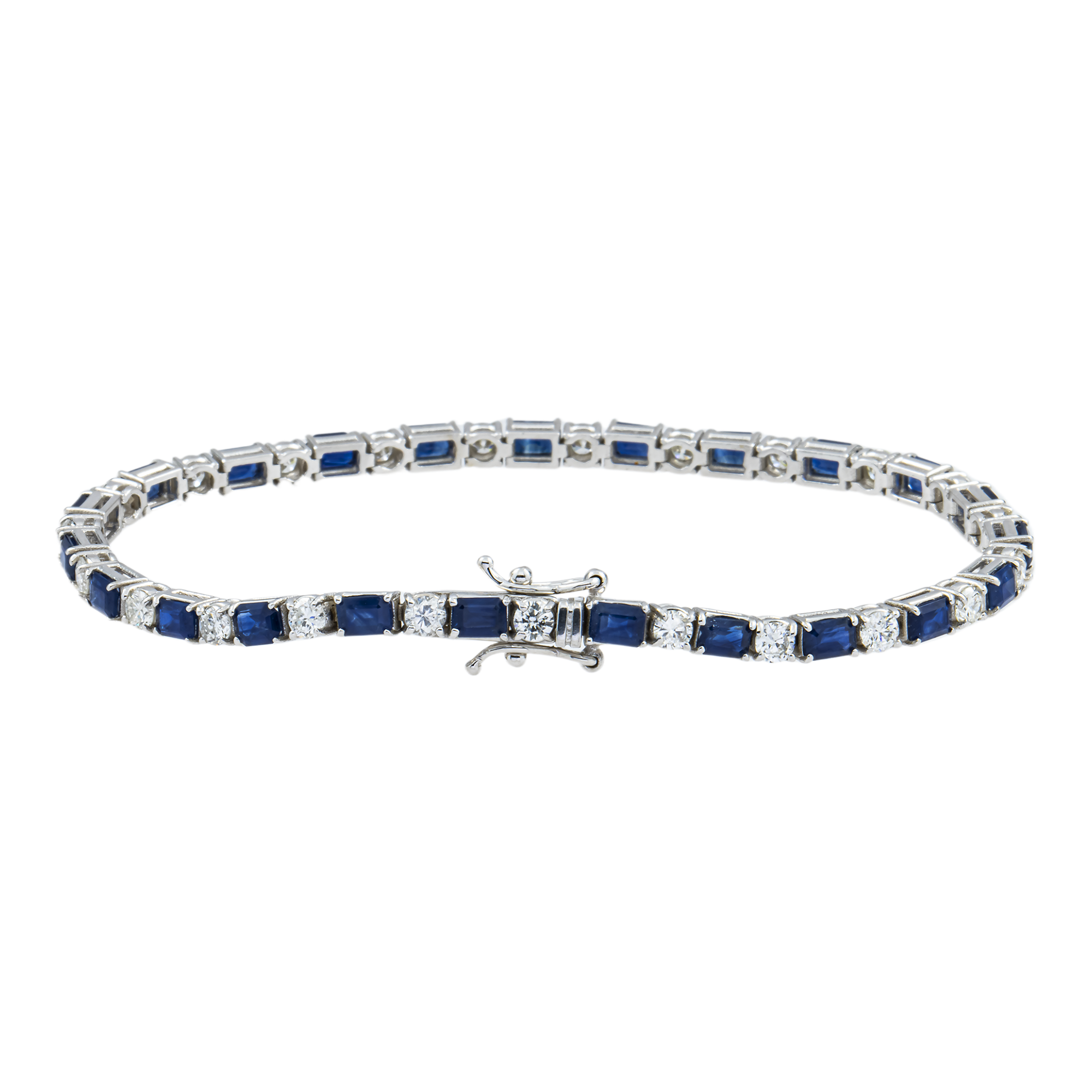 14K White Gold Emerald Cut Sapphire & Round Diamond Tennis Bracelet 6.49ct