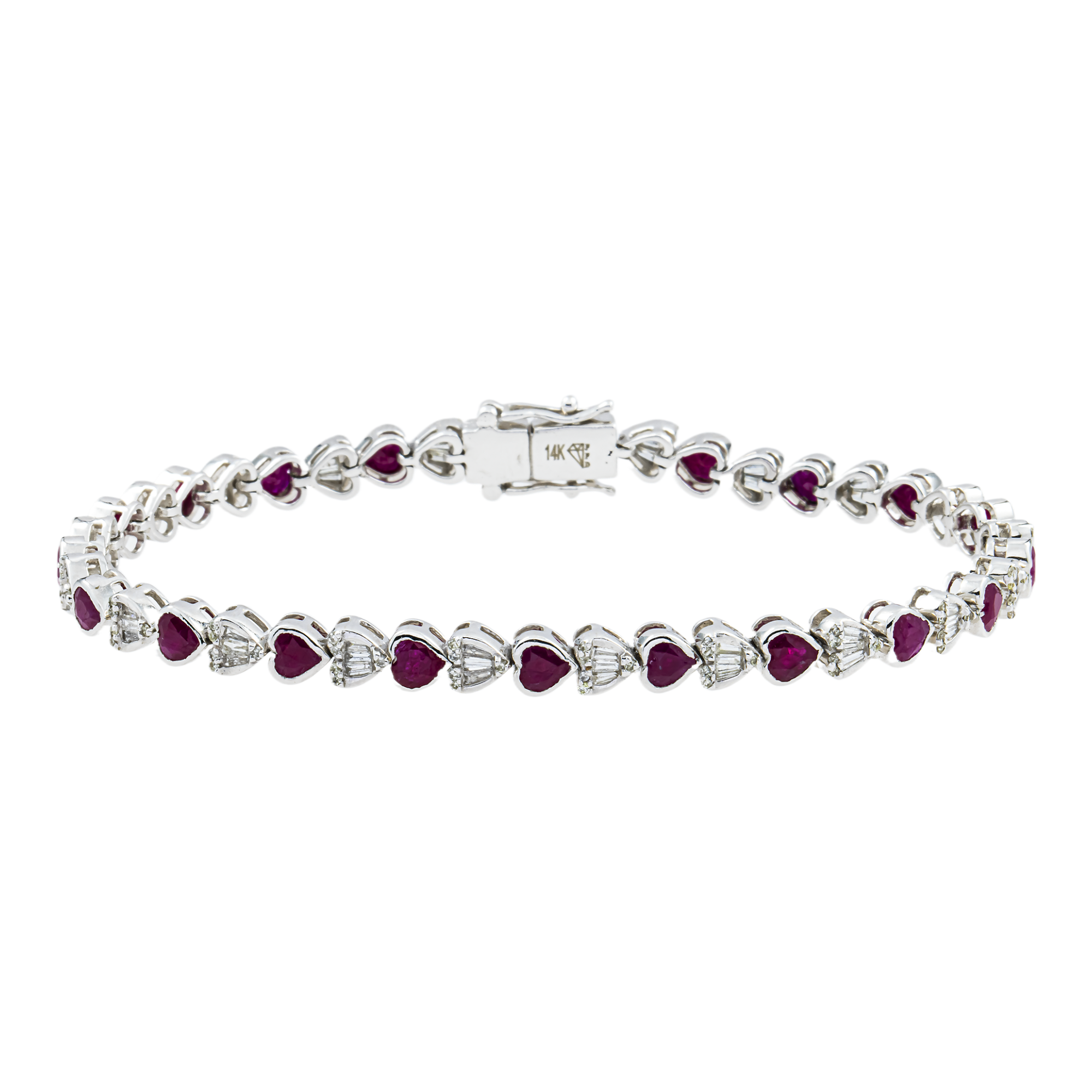 14K White Gold Heart Cut Ruby & Diamond Tennis Bracelet 7.31ct