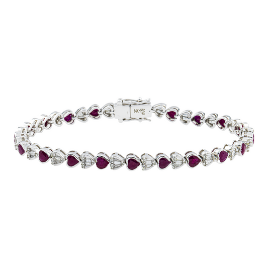 14K White Gold Heart Cut Ruby & Diamond Tennis Bracelet 7.31ct