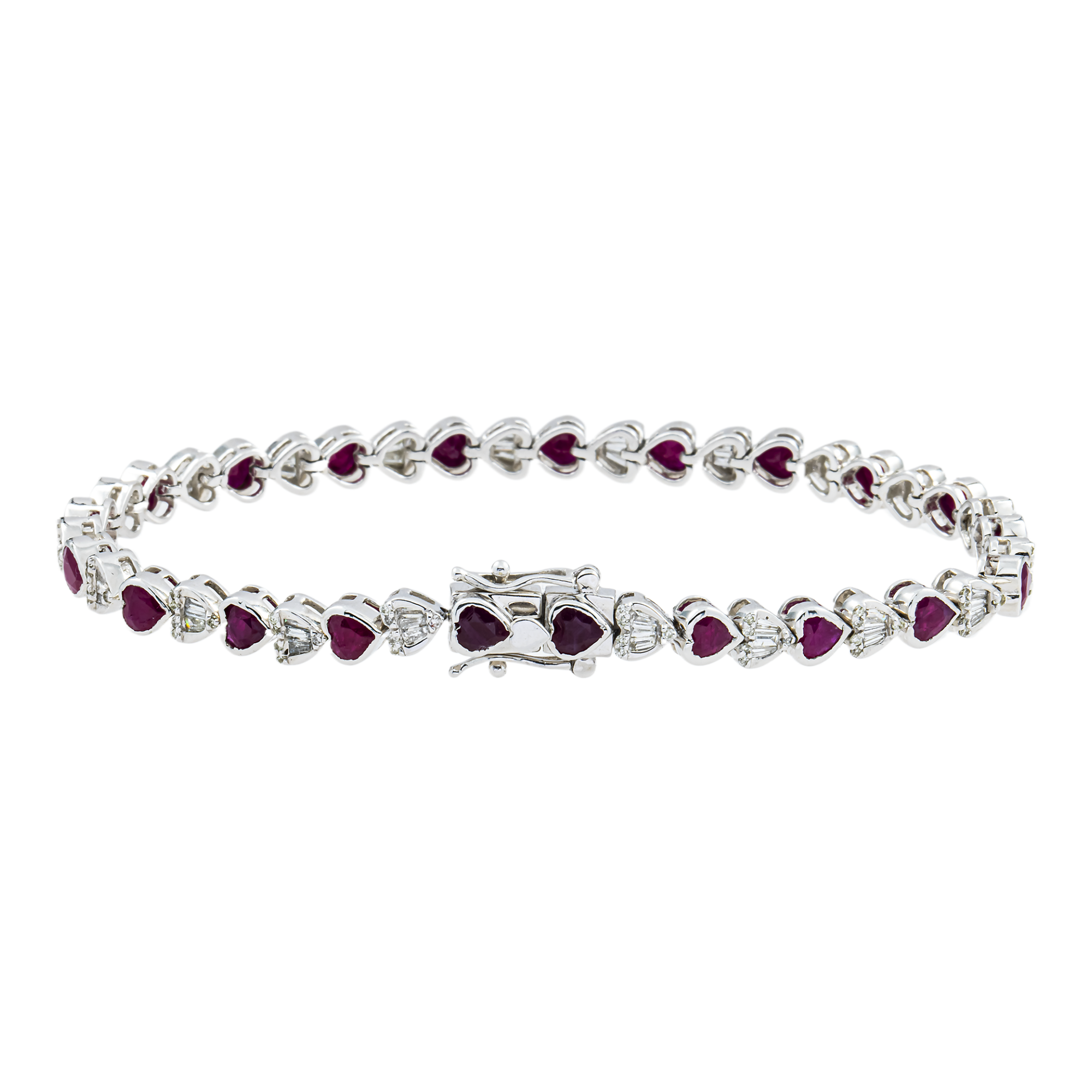 14K White Gold Heart Cut Ruby & Diamond Tennis Bracelet 7.31ct