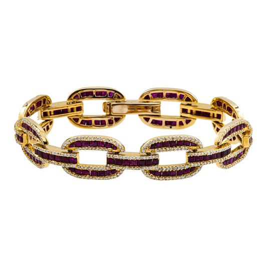 14K Yellow Gold Ruby & Diamond Hermes Link Chain Bracelet 12.09ct