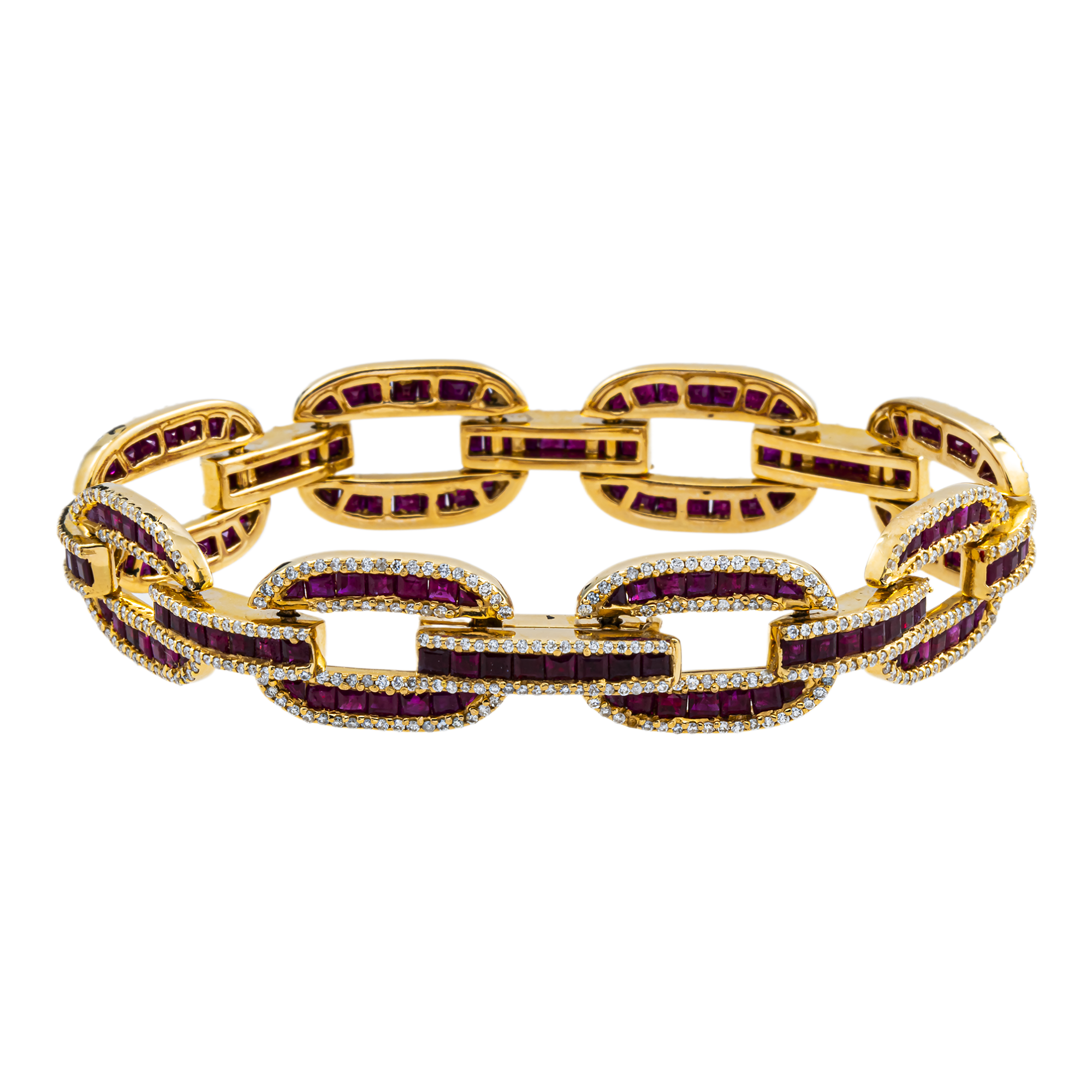 14K Yellow Gold Ruby & Diamond Hermes Link Chain Bracelet 12.09ct