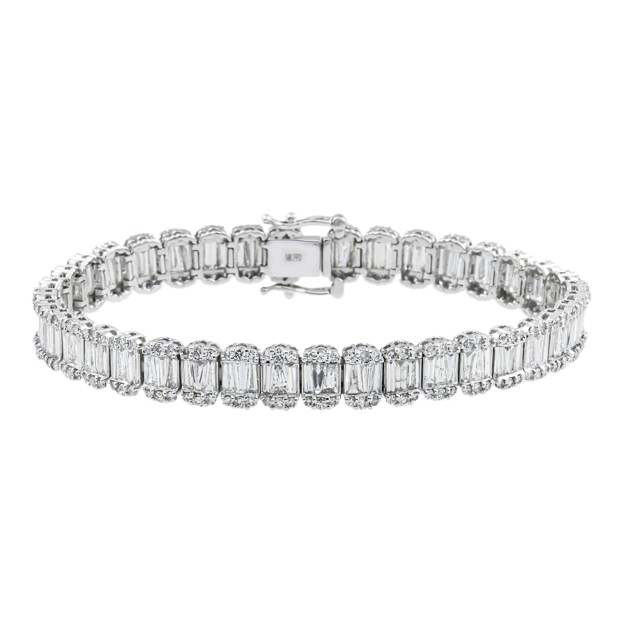 14K White Gold Round & Baguette Cut Diamond Tennis Bracelet 7.32ct