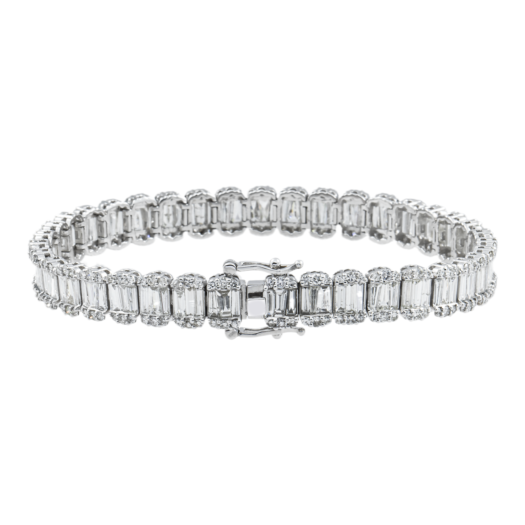 14K White Gold Round & Baguette Cut Diamond Tennis Bracelet 7.32ct