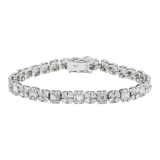 14K White Gold Round & Baguette Cut Diamond Tennis Bracelet 5.37ct