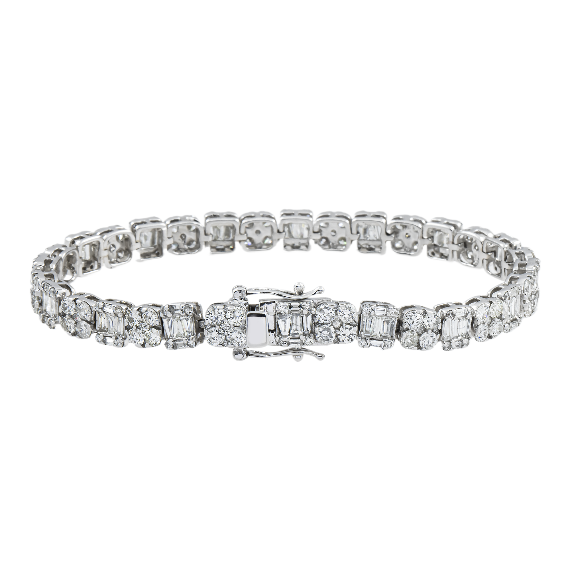 14K White Gold Round & Baguette Cut Diamond Tennis Bracelet 5.37ct