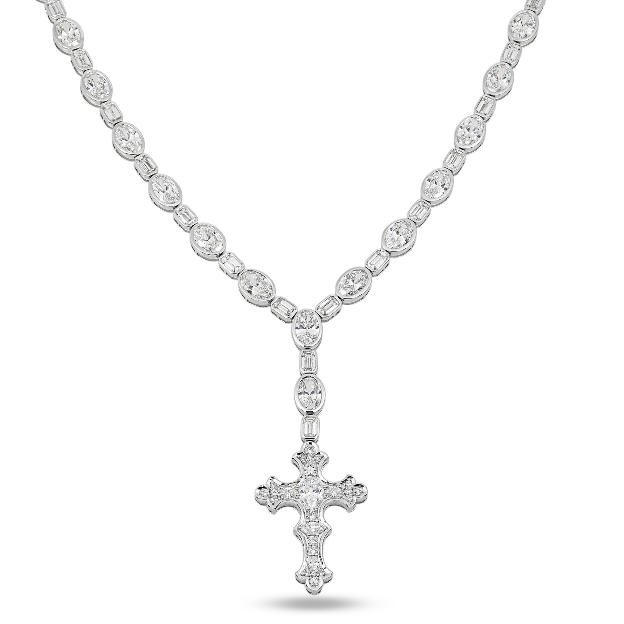 14K White Gold Emerald & Oval Diamond Cross Pendant Drop Necklace 41.64ct