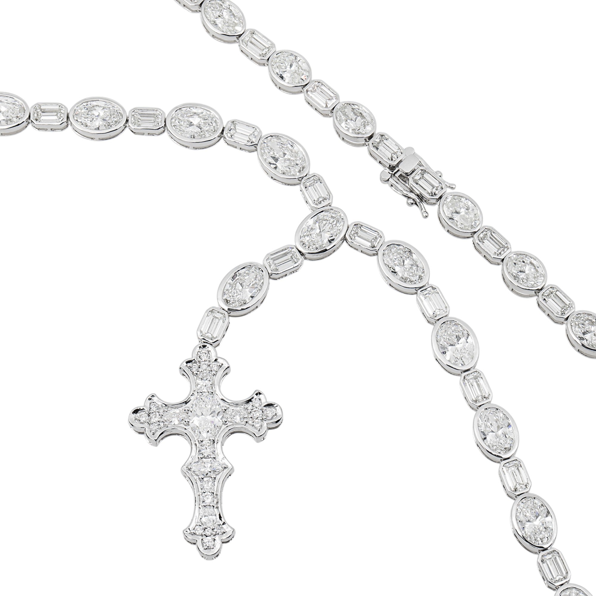 14K White Gold Emerald & Oval Diamond Cross Pendant Drop Necklace 41.64ct