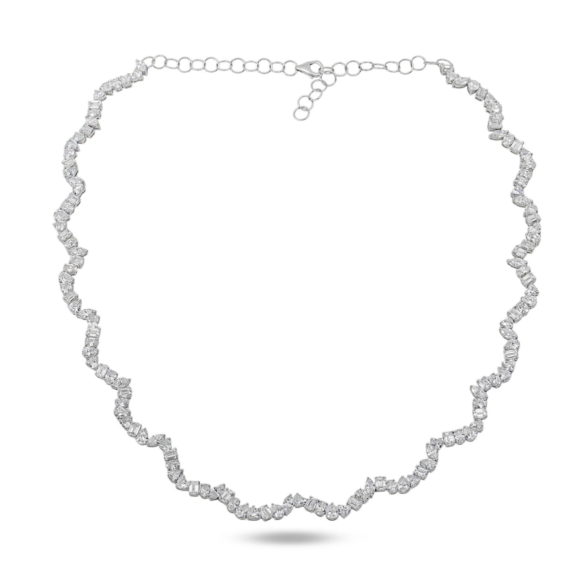 14K White Gold Multi Shape Diamond Wavy Tennis Chain 15.25ct