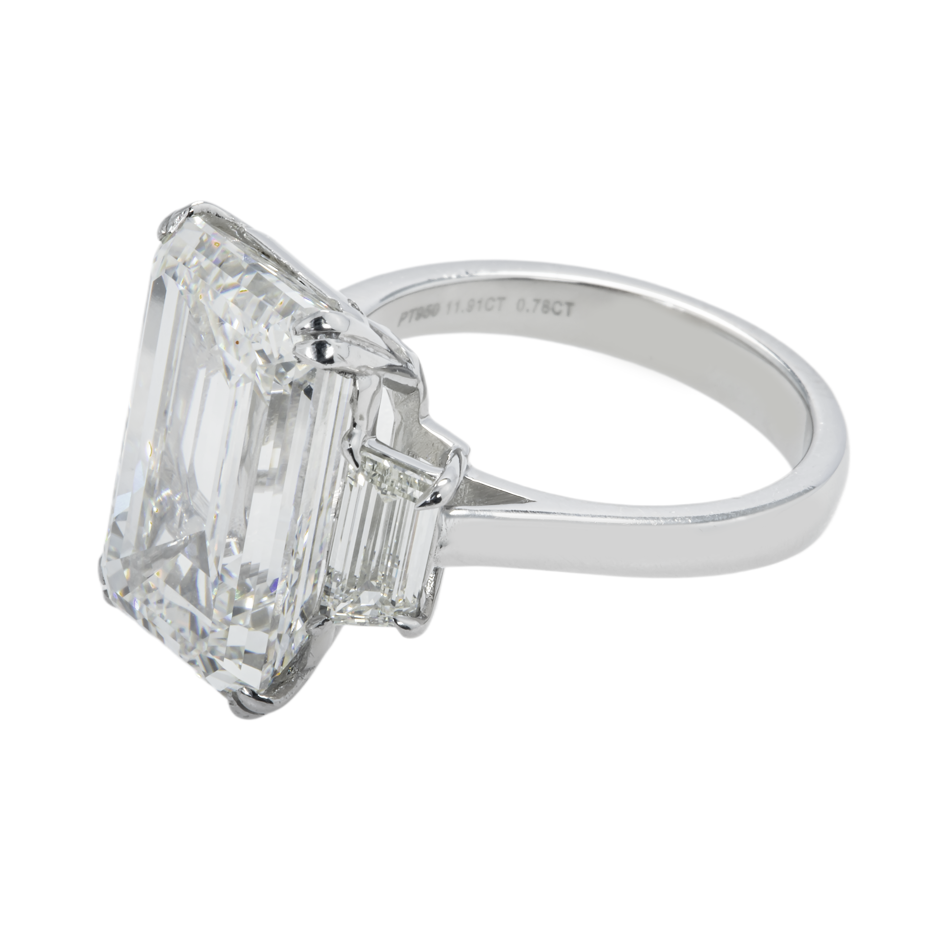 Platinum 11.03Ct Emerald Cut Triple Diamond Engagement Ring 12.17Ctw Bridal