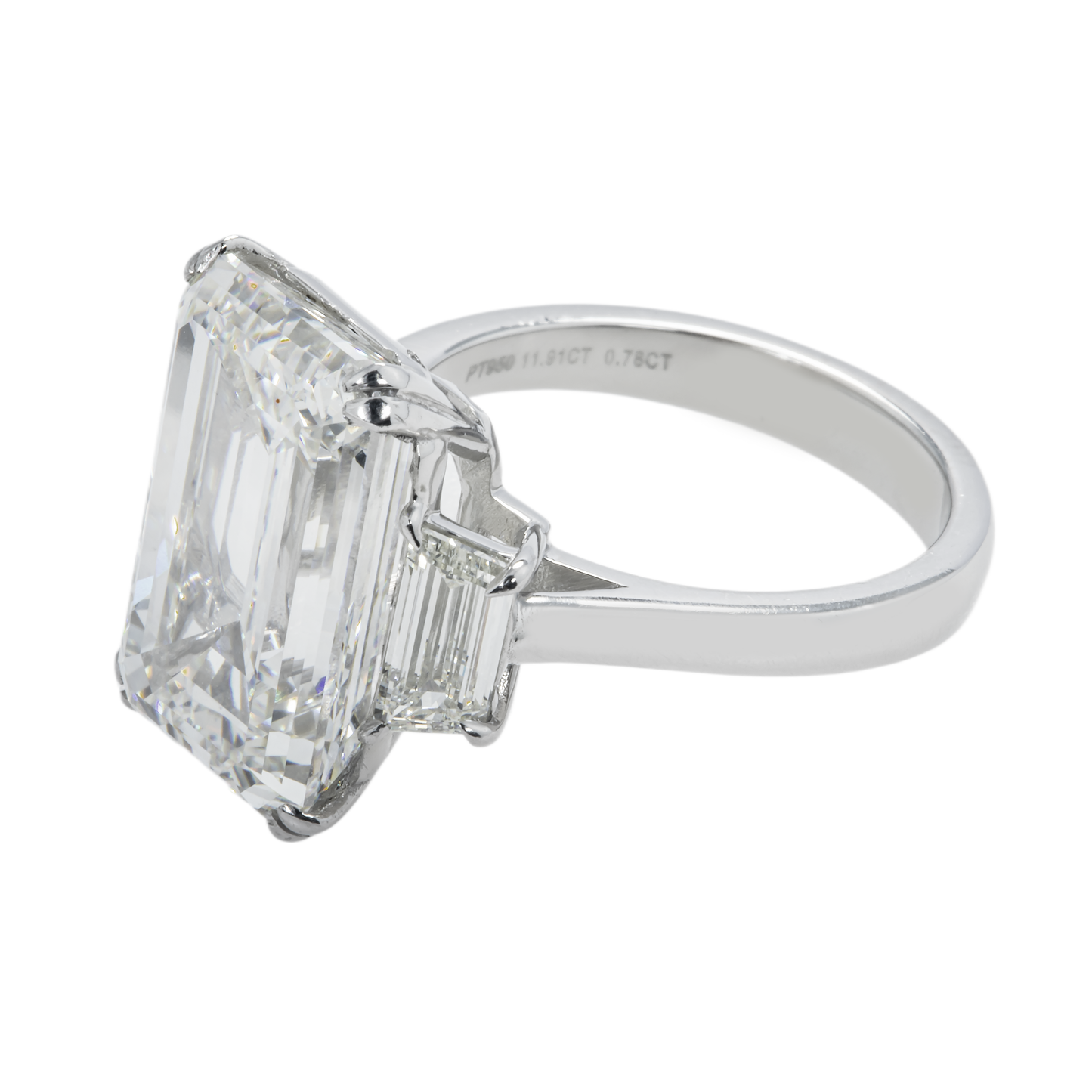 Platinum 11.03ct Emerald Cut Triple Diamond Engagement Ring 12.17ctw