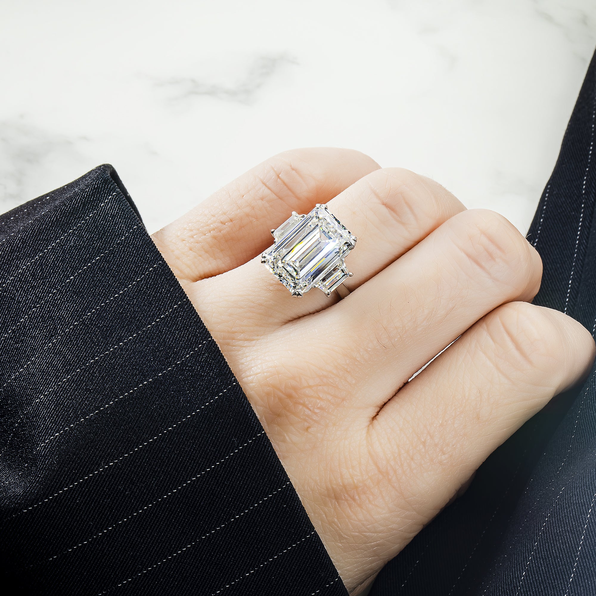 Platinum 11.03Ct Emerald Cut Triple Diamond Engagement Ring 12.17Ctw Bridal