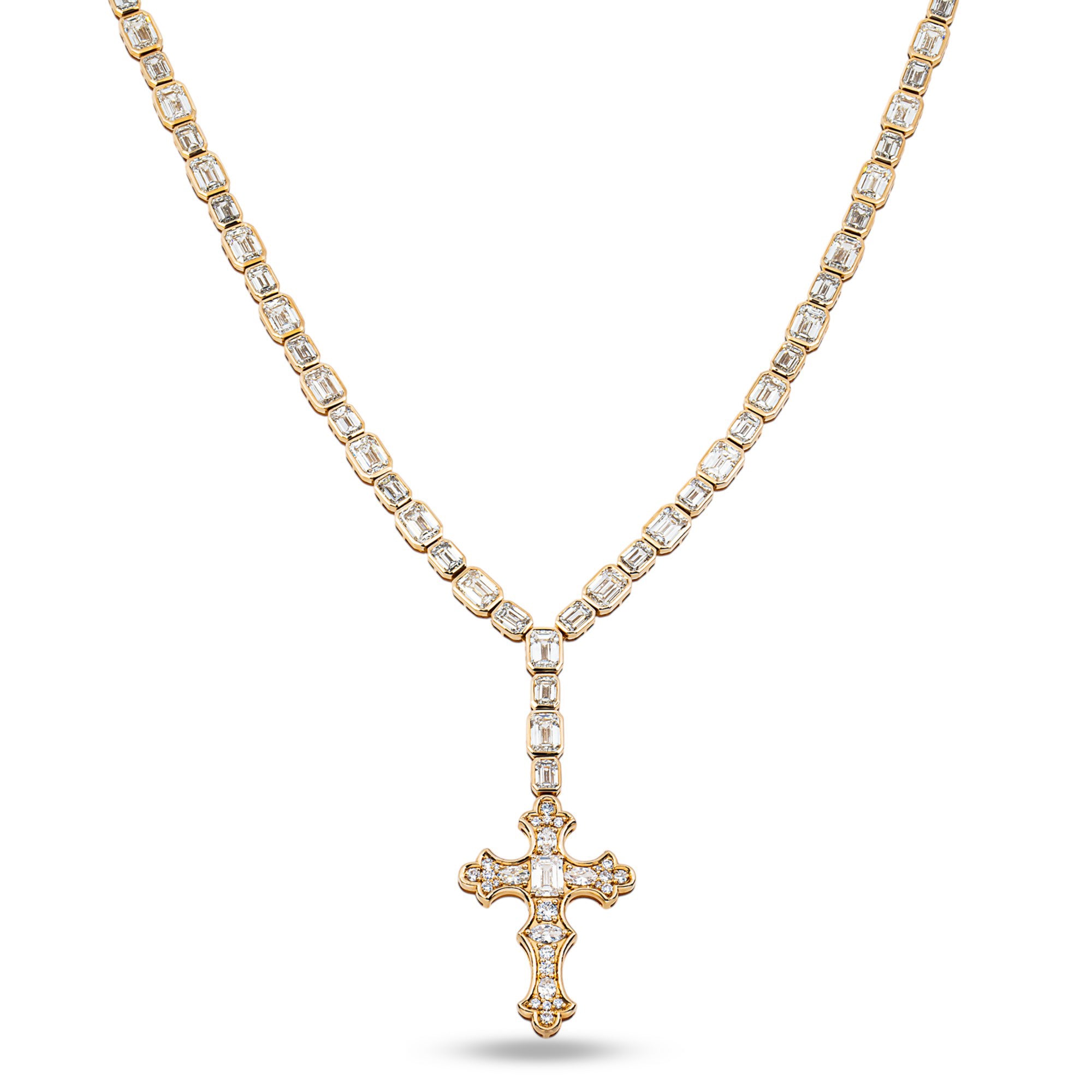 14K Rose Gold Emerald Diamond Cross Pendant Drop Necklace 43.52ct