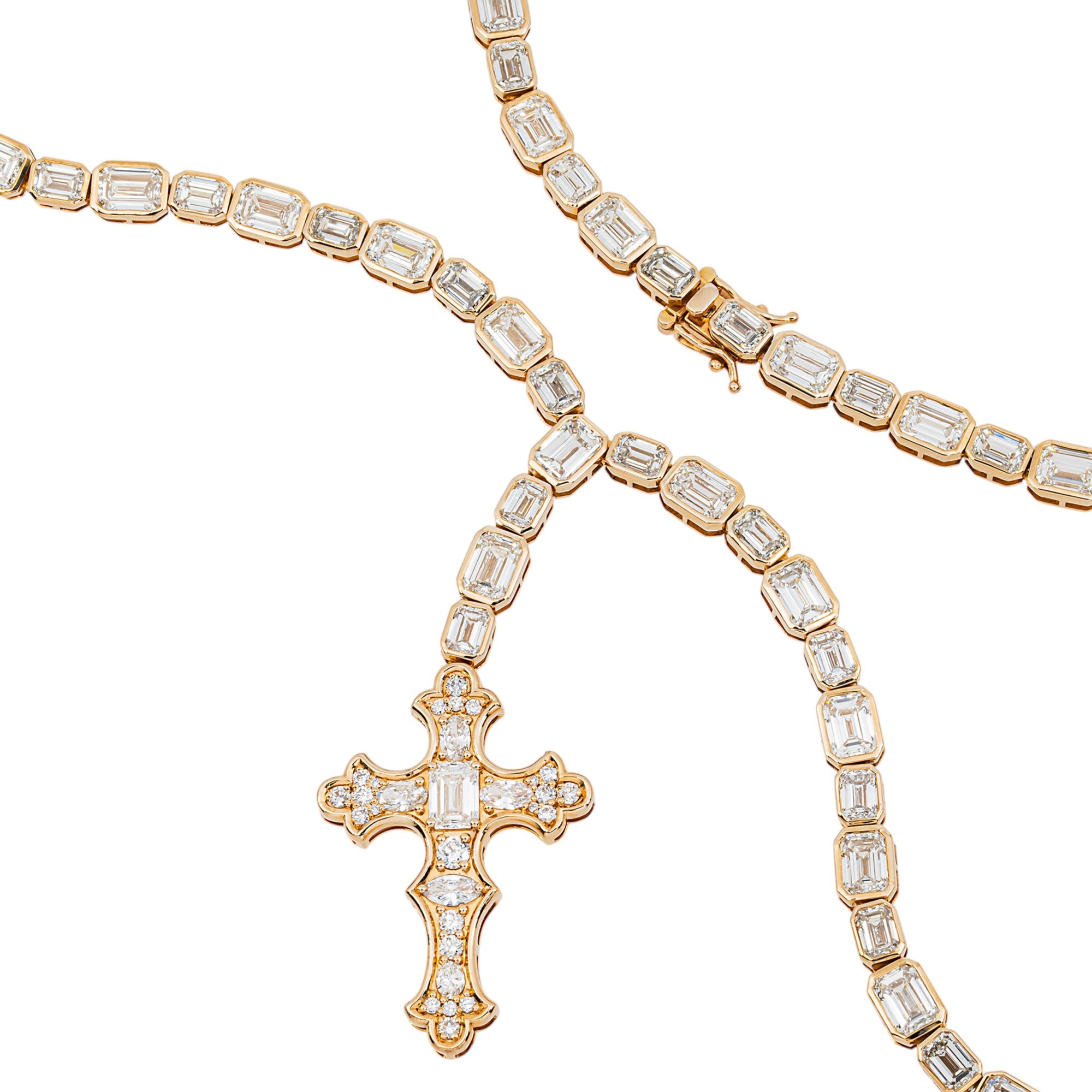 14K Rose Gold Emerald Diamond Cross Pendant Drop Necklace 43.52ct