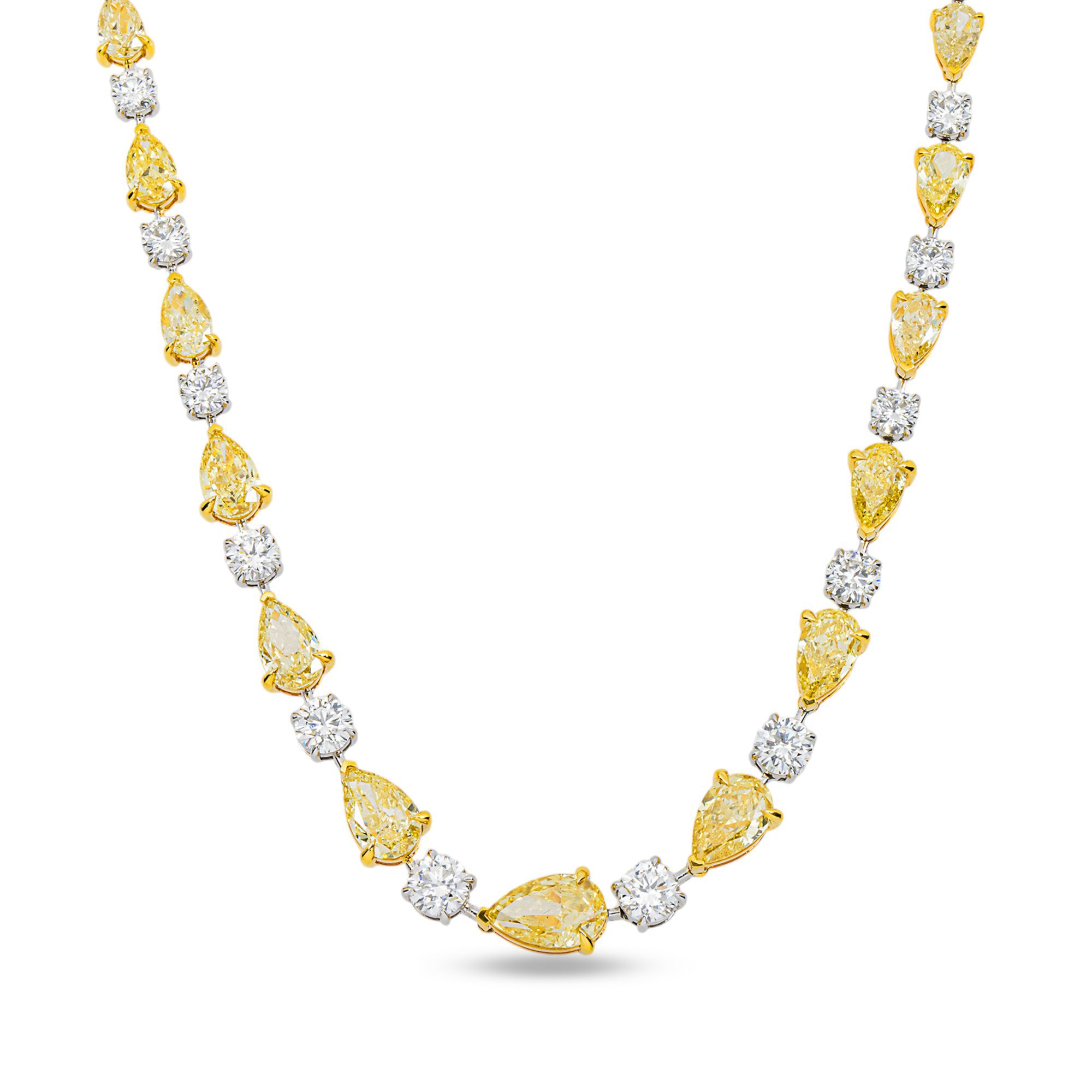 14K Two Tone Graduated Pear Fancy Yellow & Round Diamond Satellite Necklace 26.50ct