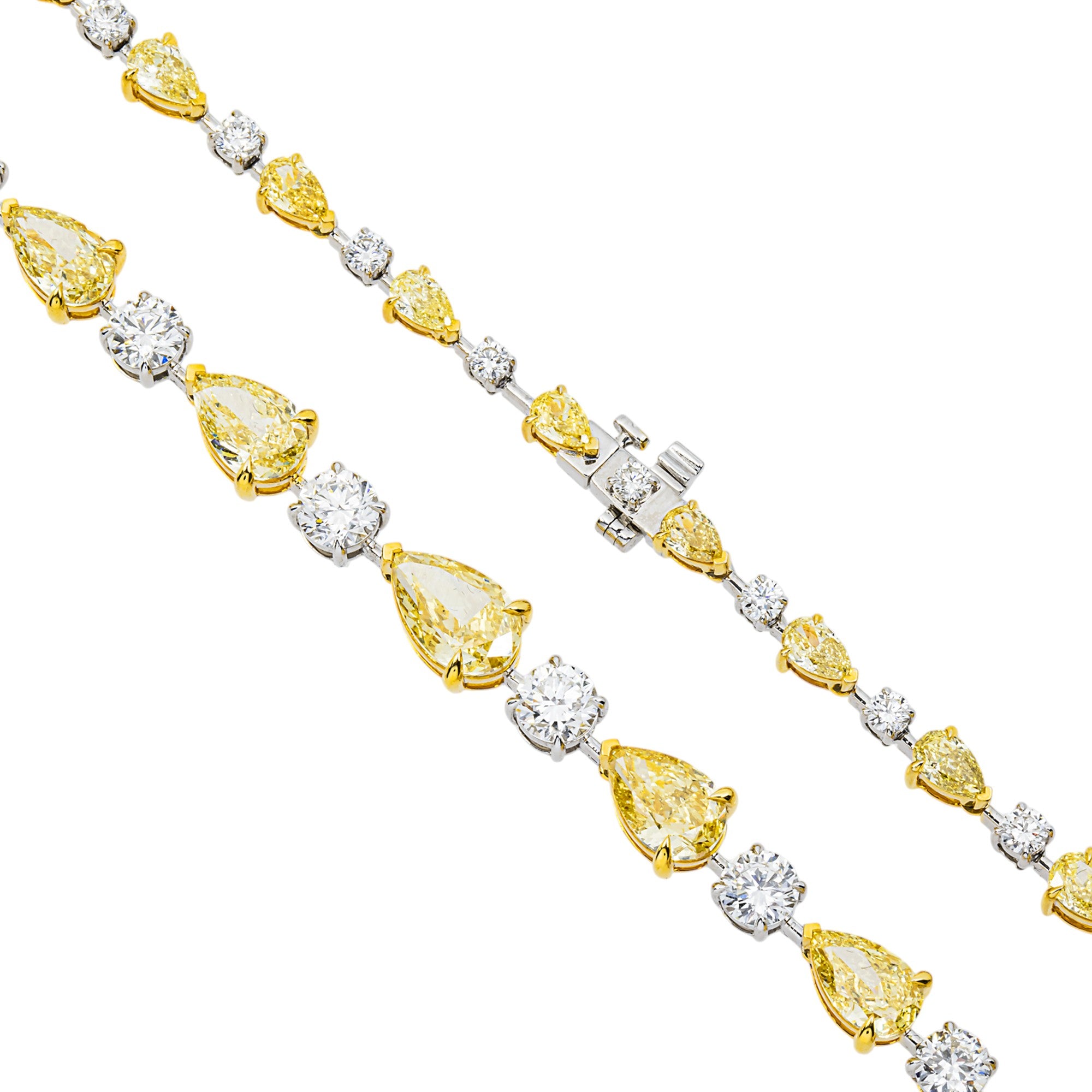 14K Two Tone Graduated Pear Fancy Yellow & Round Diamond Satellite Necklace 26.50ct