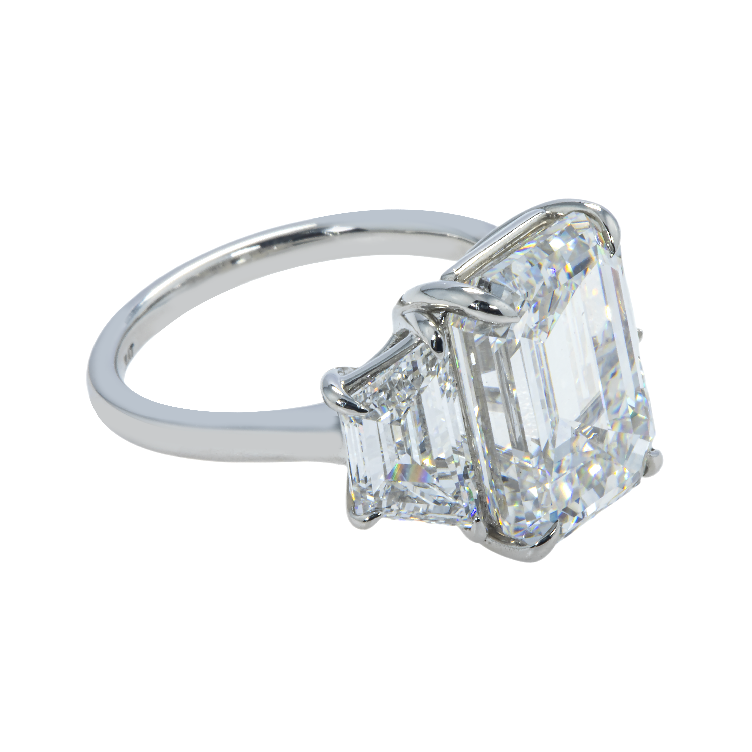 Platinum 9.06Ct Emerald Cut Triple Diamond Engagement Ring 11.52Ctw Bridal