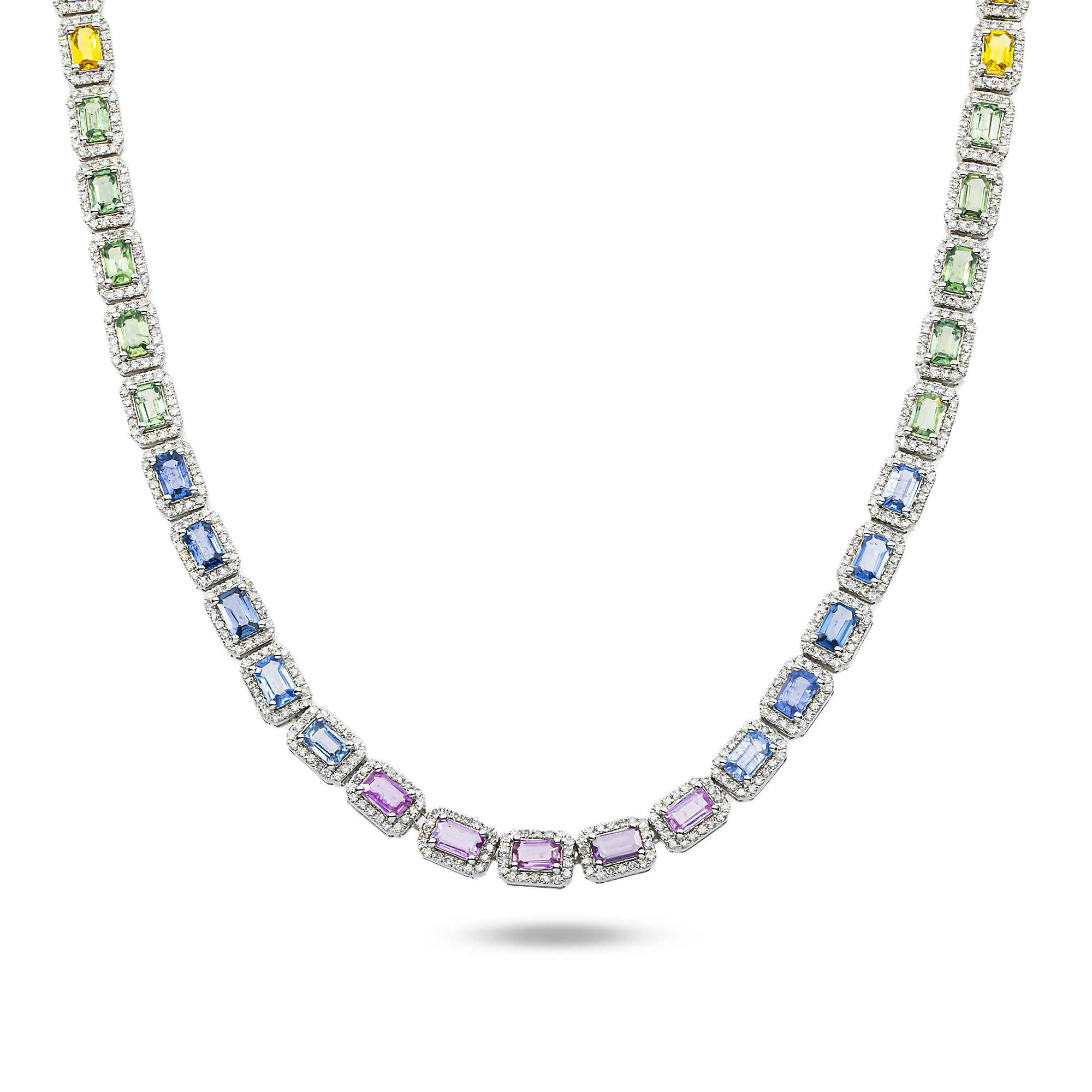 14K White Gold Emerald Cut Rainbow Gemstone & Diamond Chain