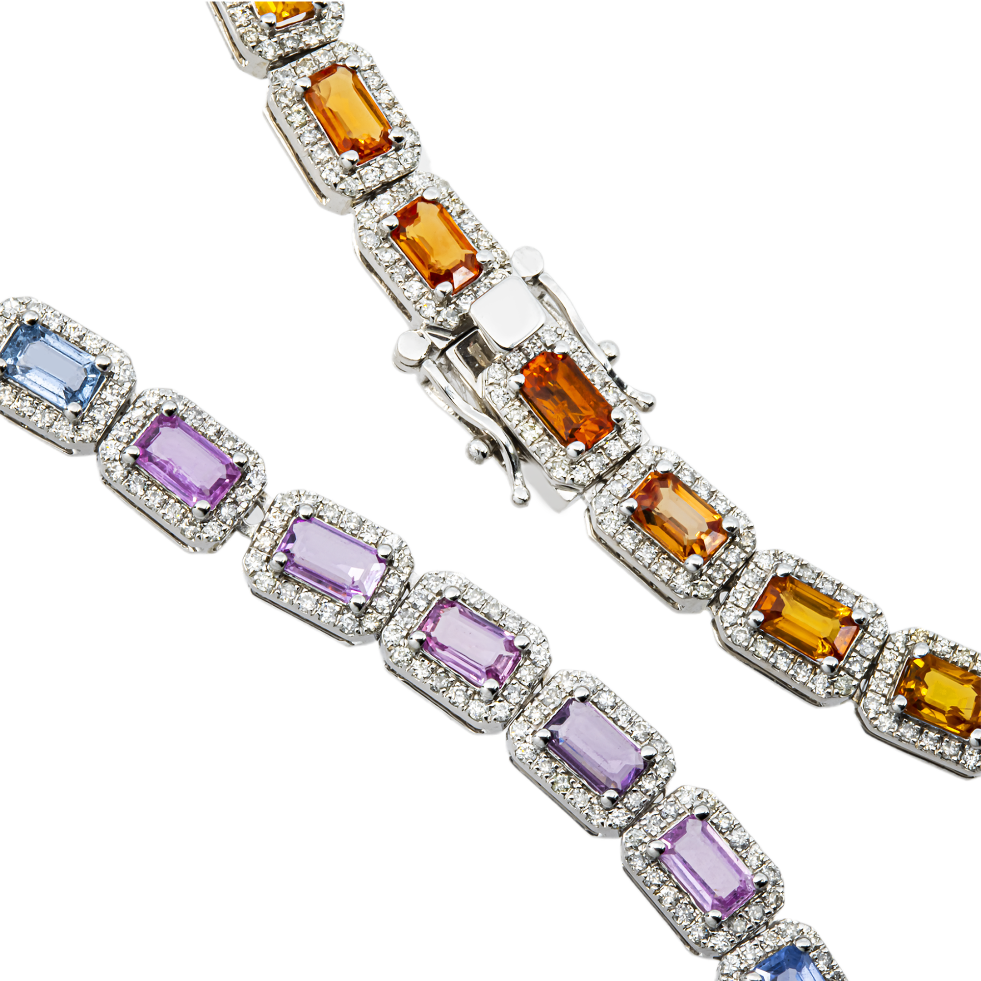 14K White Gold Emerald Cut Rainbow Gemstone & Diamond Chain