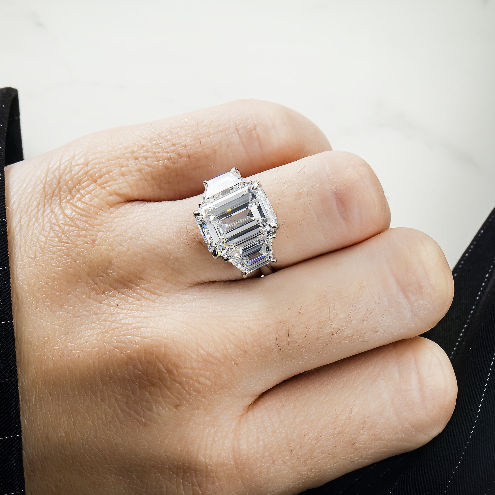Platinum 9.06Ct Emerald Cut Triple Diamond Engagement Ring 11.52Ctw Bridal