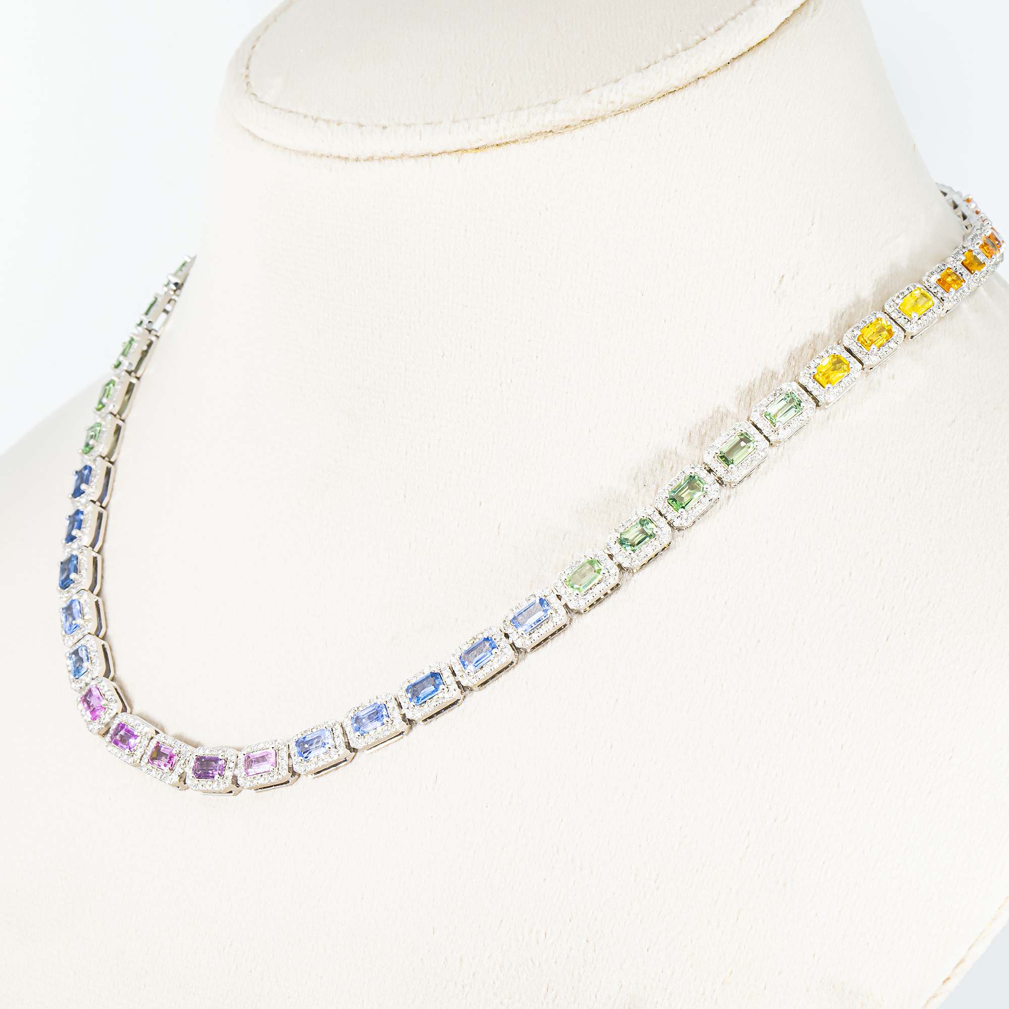 14K White Gold Emerald Cut Rainbow Gemstone & Diamond Chain