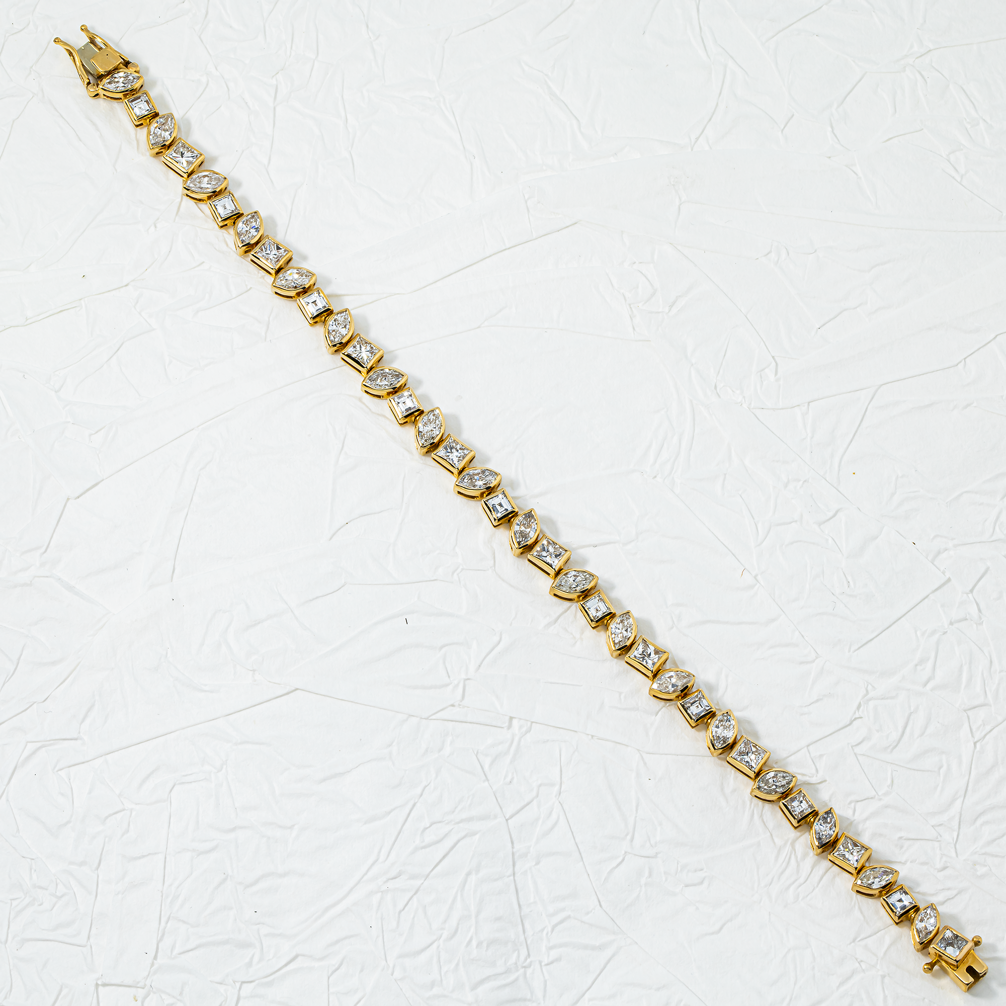 14K Yellow Gold Bezel Set Marquise & Princess Cut Diamond Tennis Bracelet 9.12ct