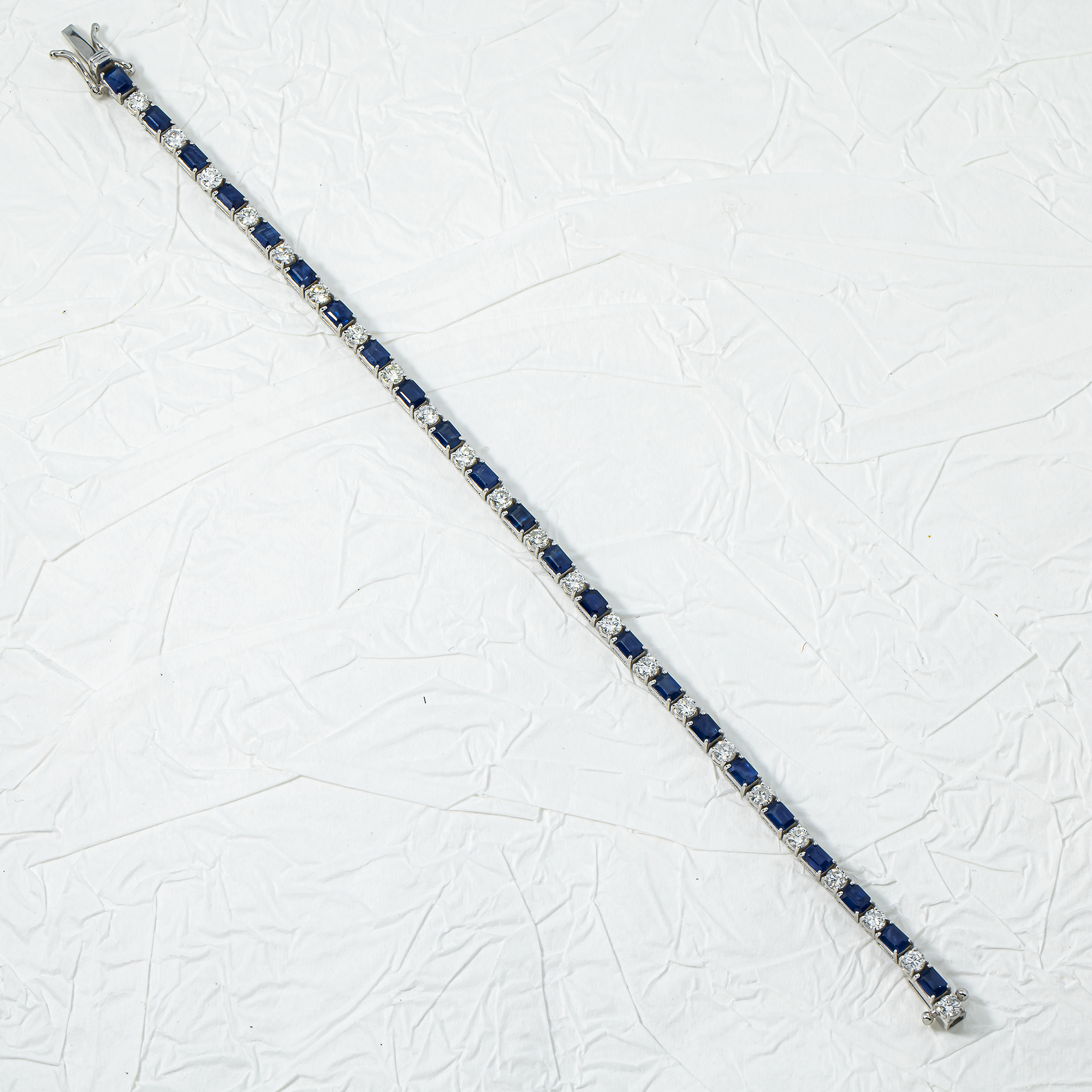 14K White Gold Emerald Cut Sapphire & Round Diamond Tennis Bracelet 6.49ct