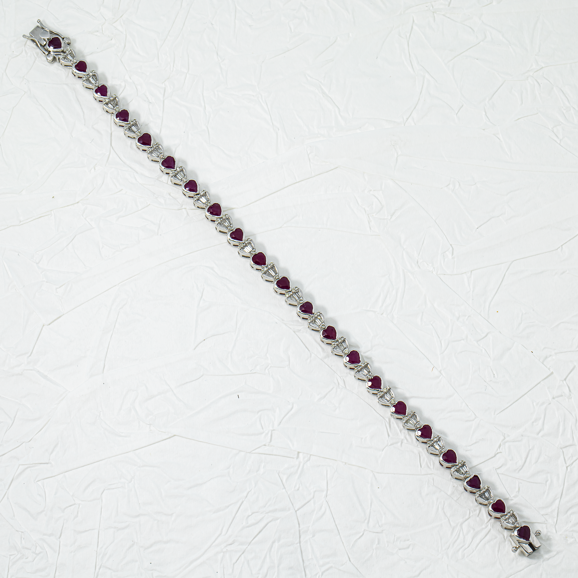 14K White Gold Heart Cut Ruby & Diamond Tennis Bracelet 7.31ct