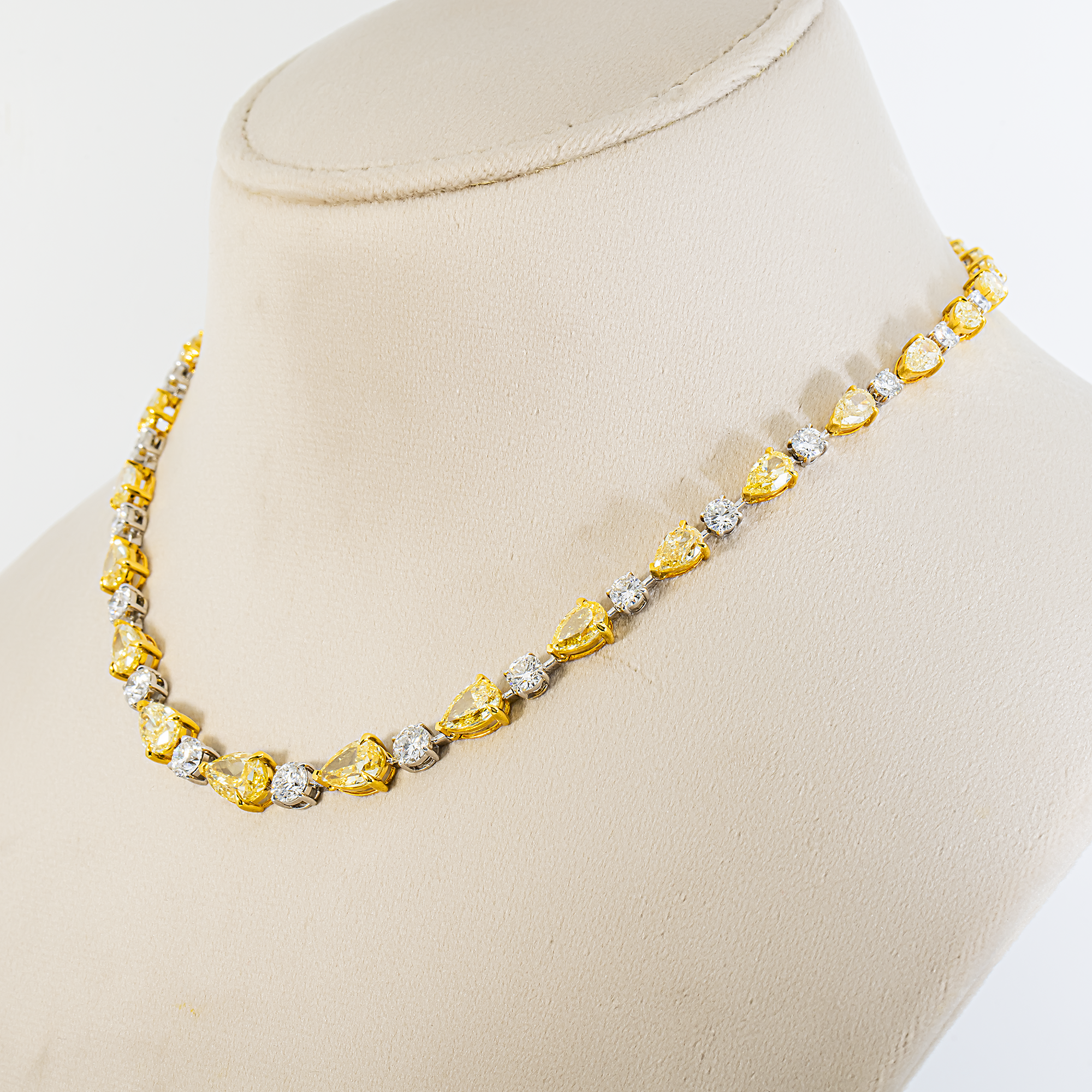 14K Two Tone Graduated Pear Fancy Yellow & Round Diamond Satellite Necklace 26.50ct