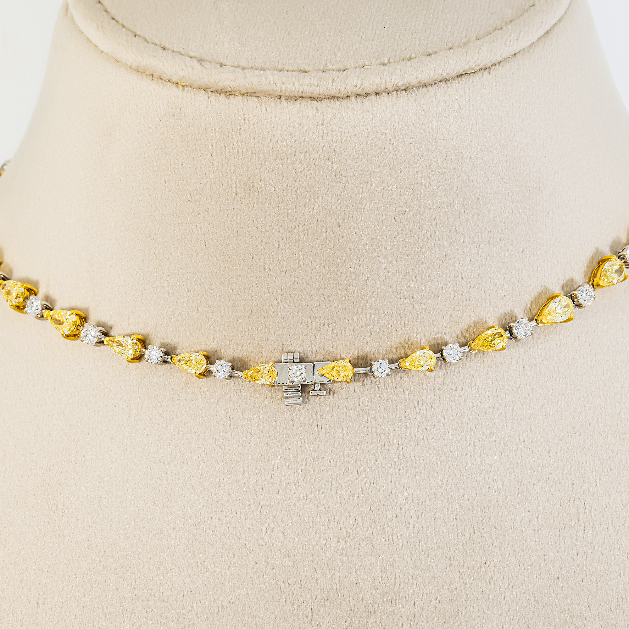 14K Two Tone Graduated Pear Fancy Yellow & Round Diamond Satellite Necklace 26.50ct