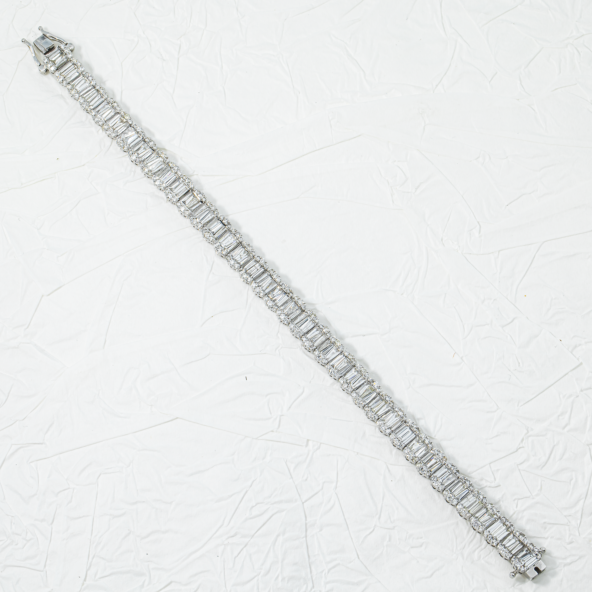 14K White Gold Round & Baguette Cut Diamond Tennis Bracelet 7.32ct
