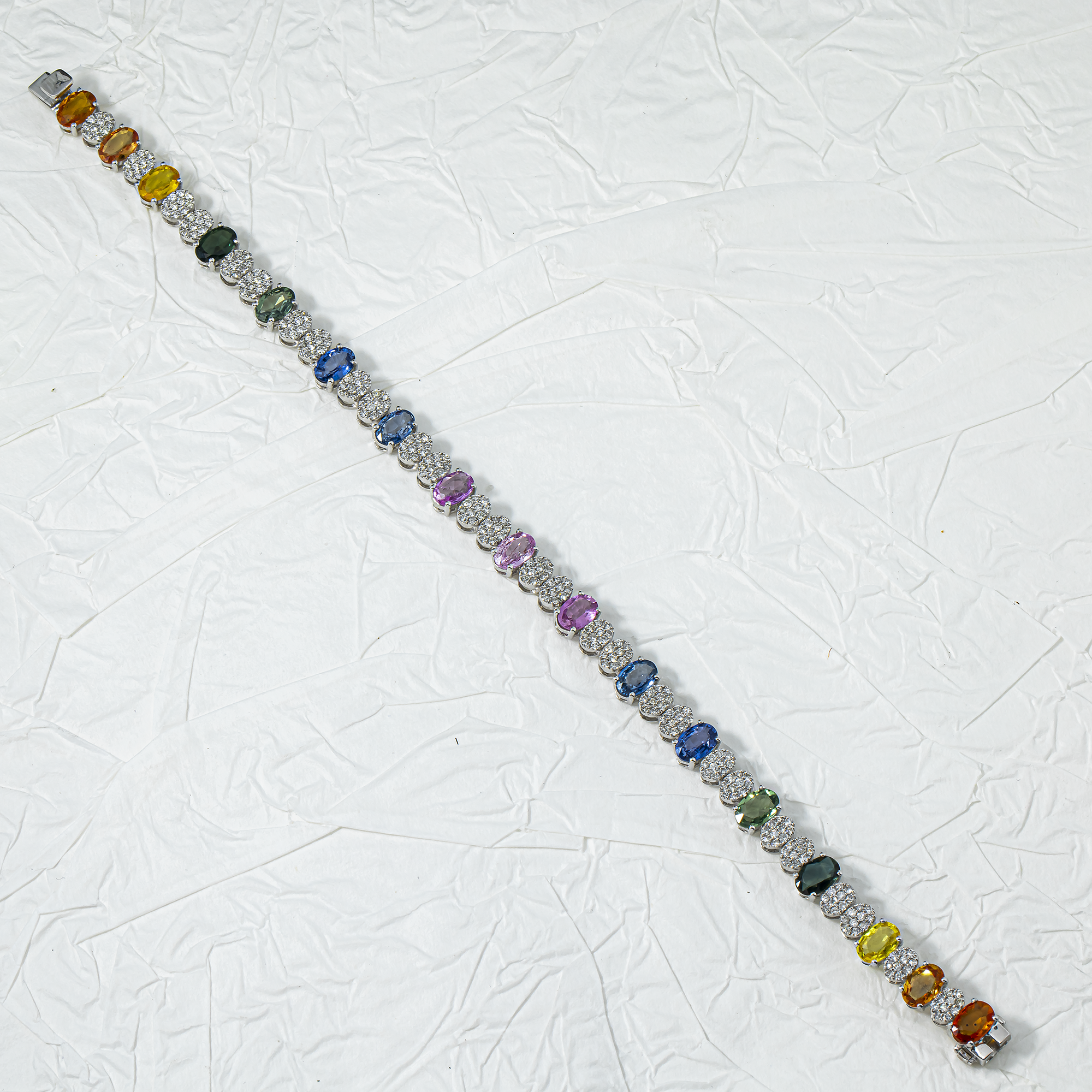 14K White Gold Oval Cut Rainbow Gemstone & Diamond Tennis Bracelet 10.15ct