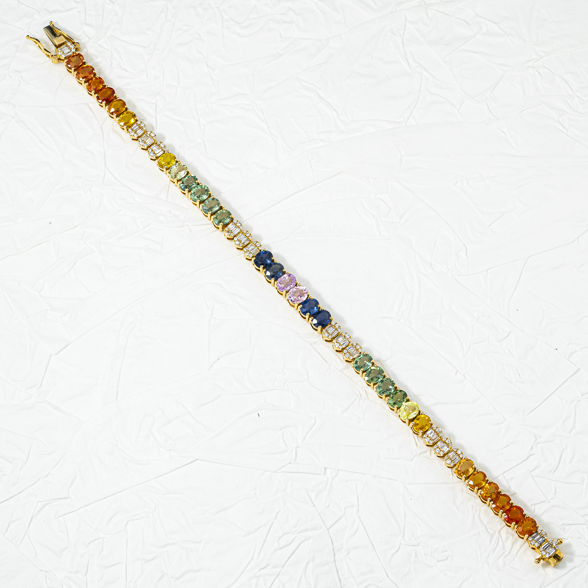 14K Yellow Gold Oval Cut Rainbow Gemstone & Diamond Bracelet 14.42ct