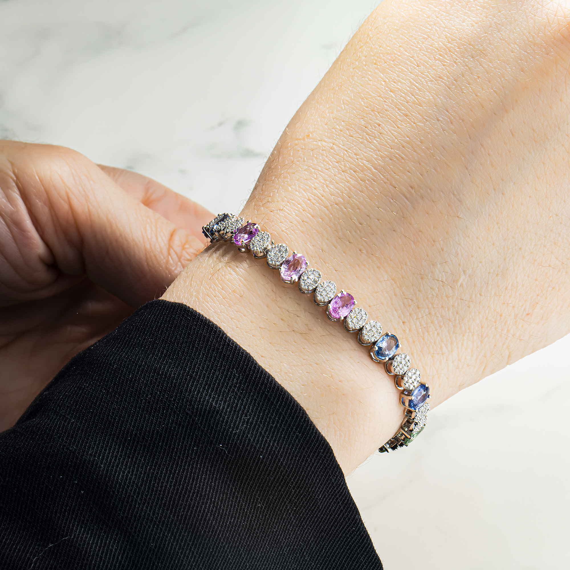 14K White Gold Oval Cut Rainbow Gemstone & Diamond Tennis Bracelet 10.15ct