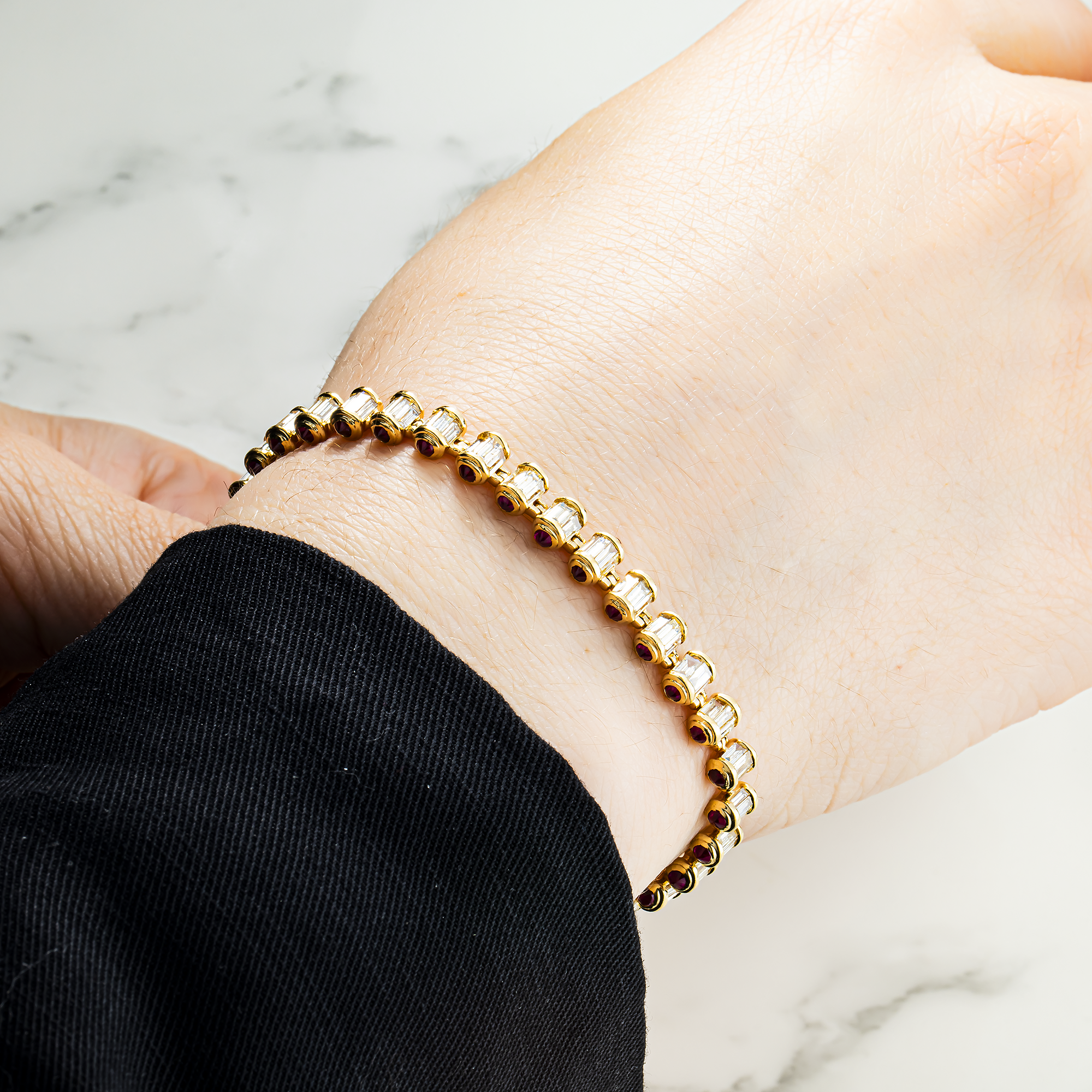 14K Yellow Gold Ruby & Baguette Cut Diamond Tennis Bracelet 7.71ct